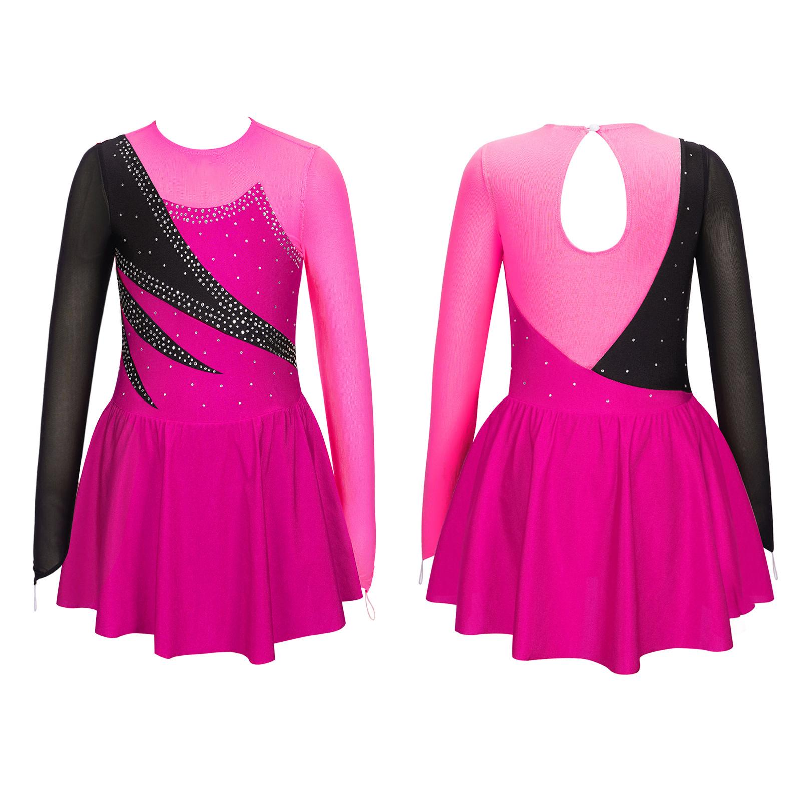 Sxiwei Kinderen Meisjes Lange Mouw Sprankelende Strass Decor Hollow Back Gymnastiek Dans Schaatsen Jurken 15-16 Years