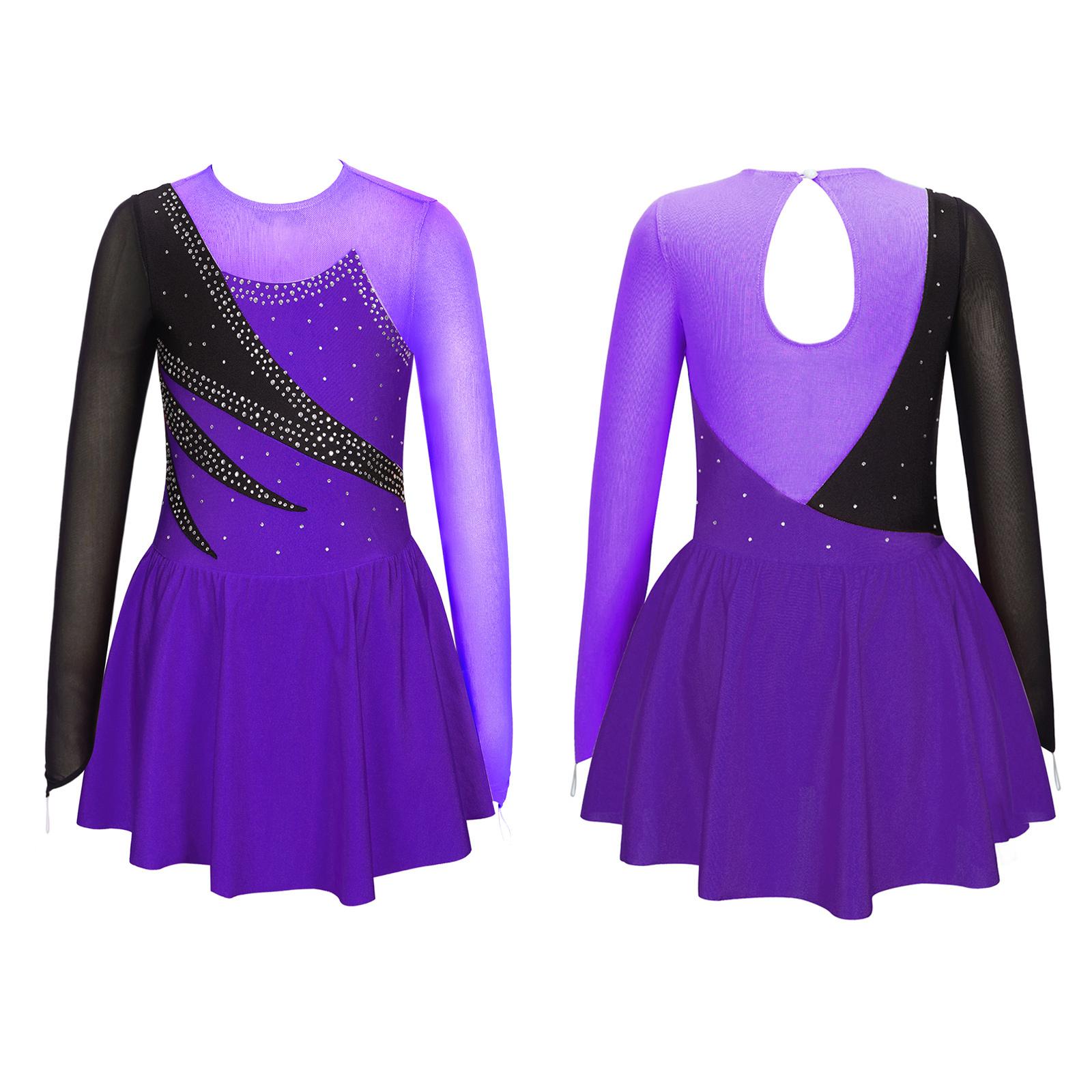 Sxiwei Kinderen Meisjes Lange Mouw Sprankelende Strass Decor Hollow Back Gymnastiek Dans Schaatsen Jurken 9-10 Years