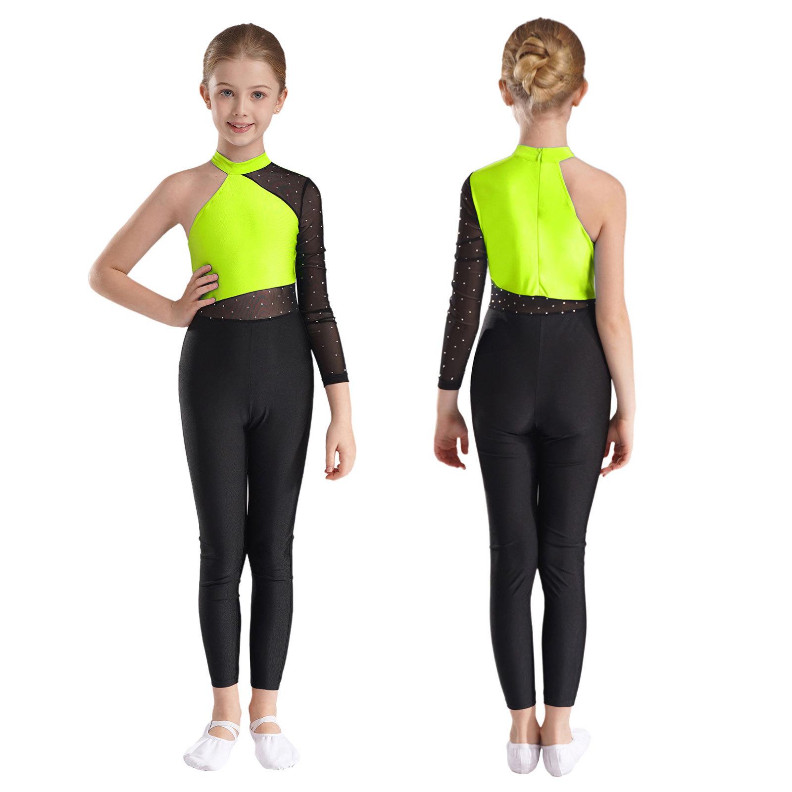 Yunduantong-electronic Meisjes Een Mesh Mouw Volledige Lichaamsbedekking Jumpsuits Gymnastiek Ballet Moderne Dans Uniform Unitard IJs Schaatsen Competitie Kostuum 11-12 Years