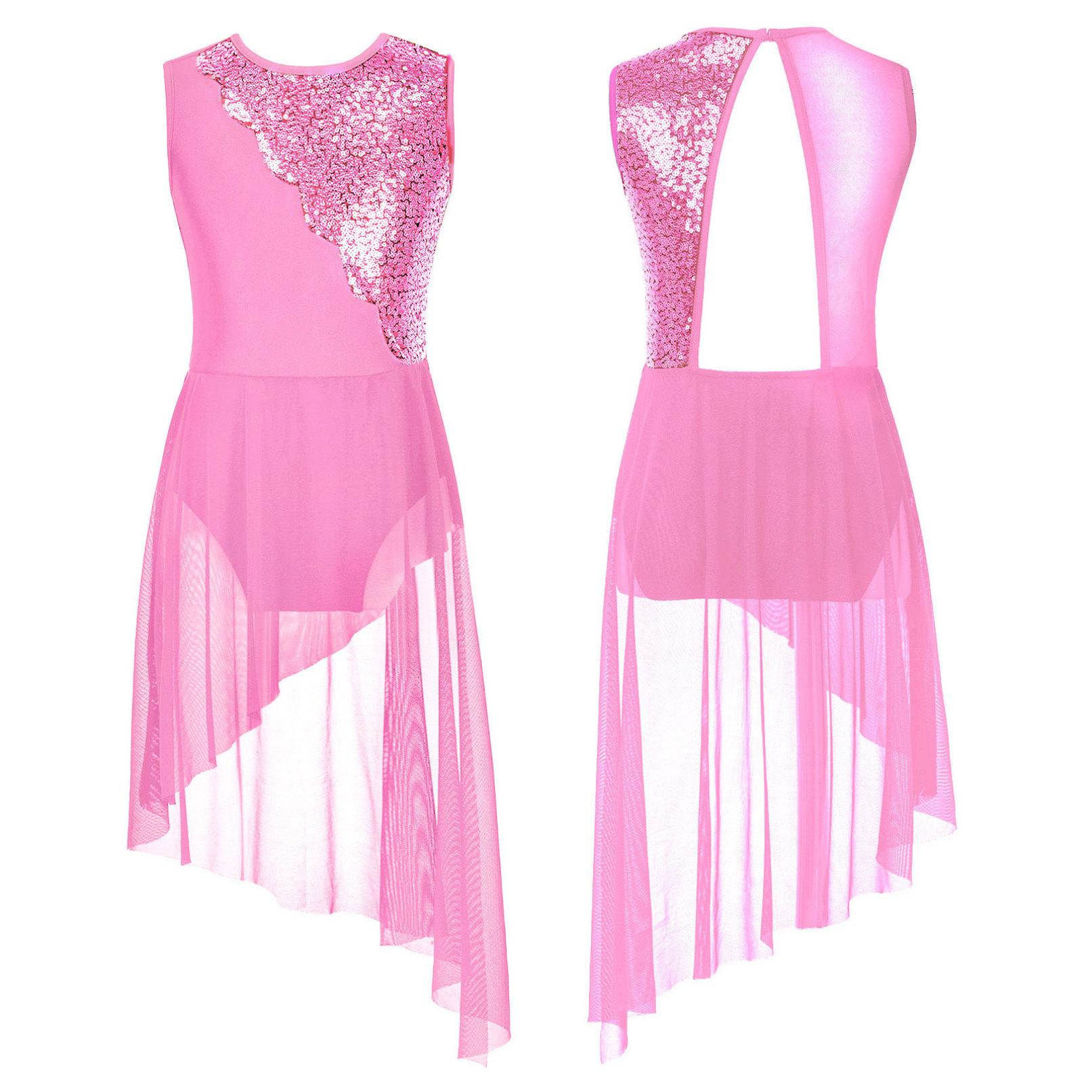 YONGHS Kinderen Meisjes Mouwloze Ronde Hals Pailletten Lyrische Dans Jurk Onregelmatige Zoom Holle Rug Gymnastiek Ballet Turnpakje Jurk 7-8 Years