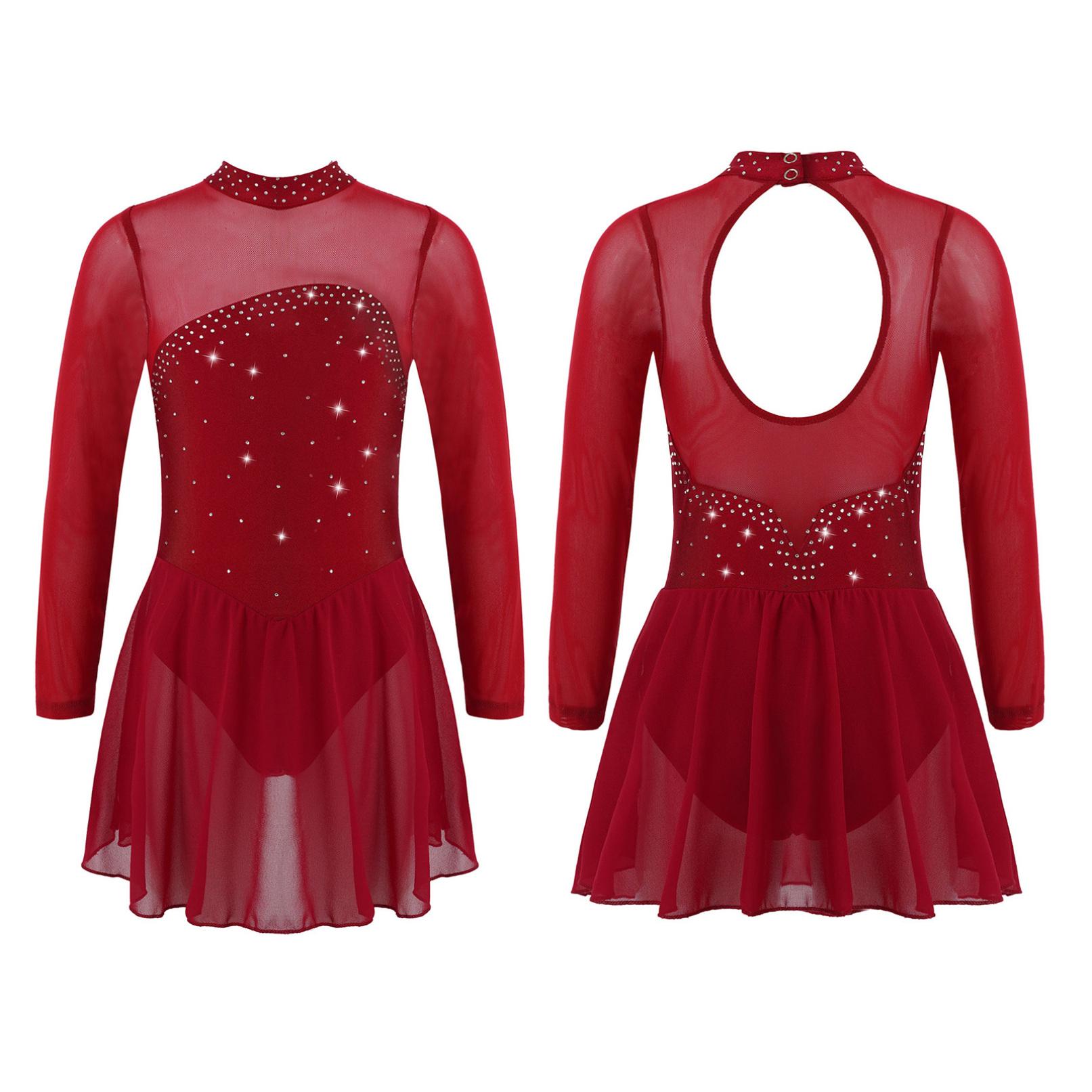 YONGHS Kinderen Meisjes Glanzende Steentjes Mesh Keyhole Terug Figuur Schaatsen Jurk Lange Mouwen Rolschaatsen Ballet Dans Turnpakje Jurk 13-14 Years