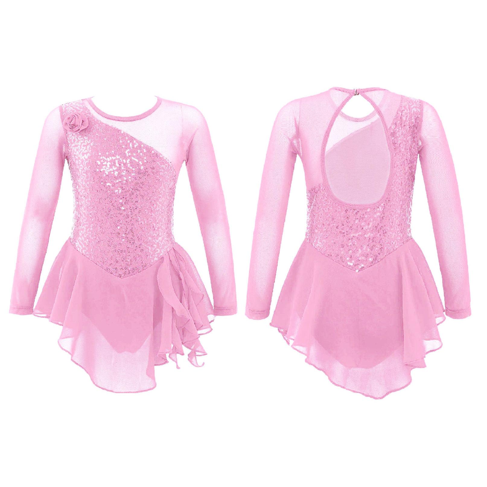 Inlzdz Kinderen Meisjes Lange Mouw Pailletten Hol Terug Ballet Dans Gymnastiek Turnpakje Jurk Figuur Schaatsen Jurk 5-6 Years roze