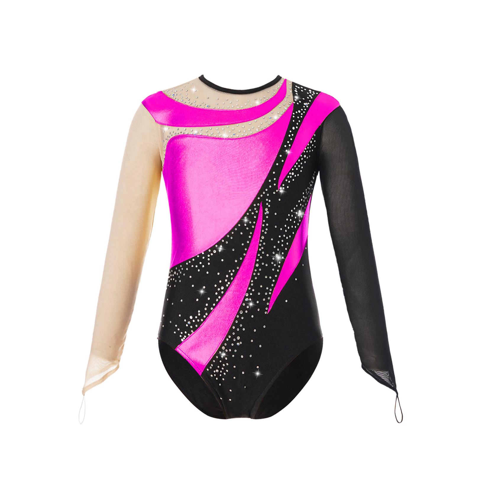 YONGHS Kinderen Meisjes Glanzend Gymnastiek Leotard Bodysuit Mesh Lange Mouw Sleutelgat Rug Metallic IJsschaatsen Jumpsuit 11-12 Years