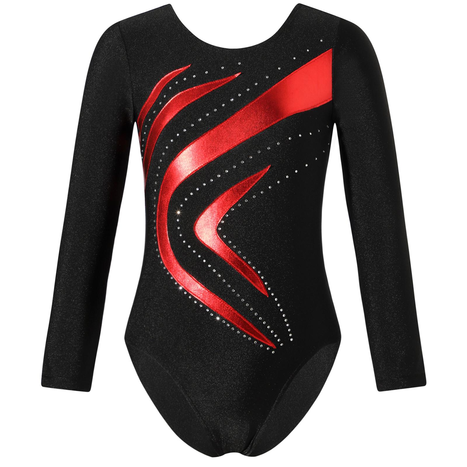 ZDHoor Kinderen meisjes glanzend strass decor gymnastiek turnpakje ronde hals lange mouw fitness dans bodysuit outfit 11-12 Years rood
