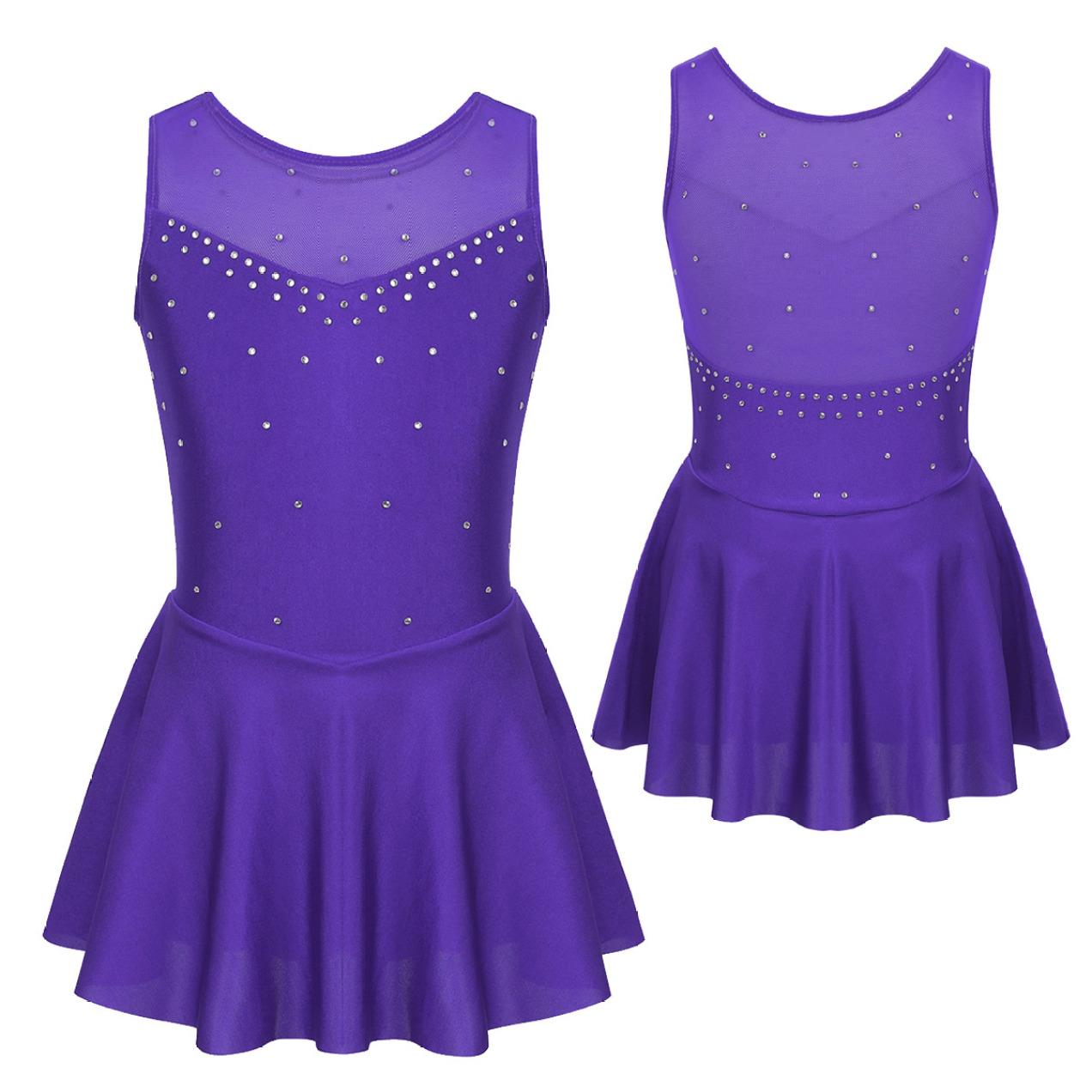 Yunduantong Mouwloze balletdans turnpakje jurk zachte sprankelende strass tule rug figuur schaatsen gymnastiekkostuums tutu rok 13-14 Years paars