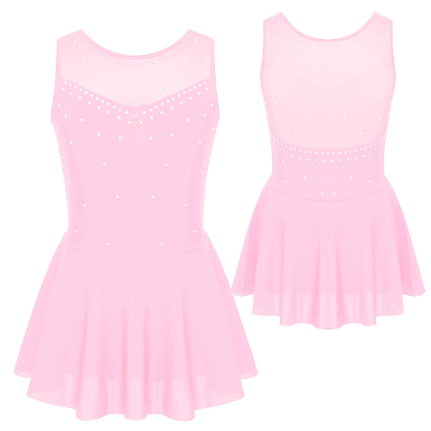 Yunduantong Mouwloze balletdans turnpakje jurk zachte sprankelende strass tule rug figuur schaatsen gymnastiekkostuums tutu rok 5-6 Years roze