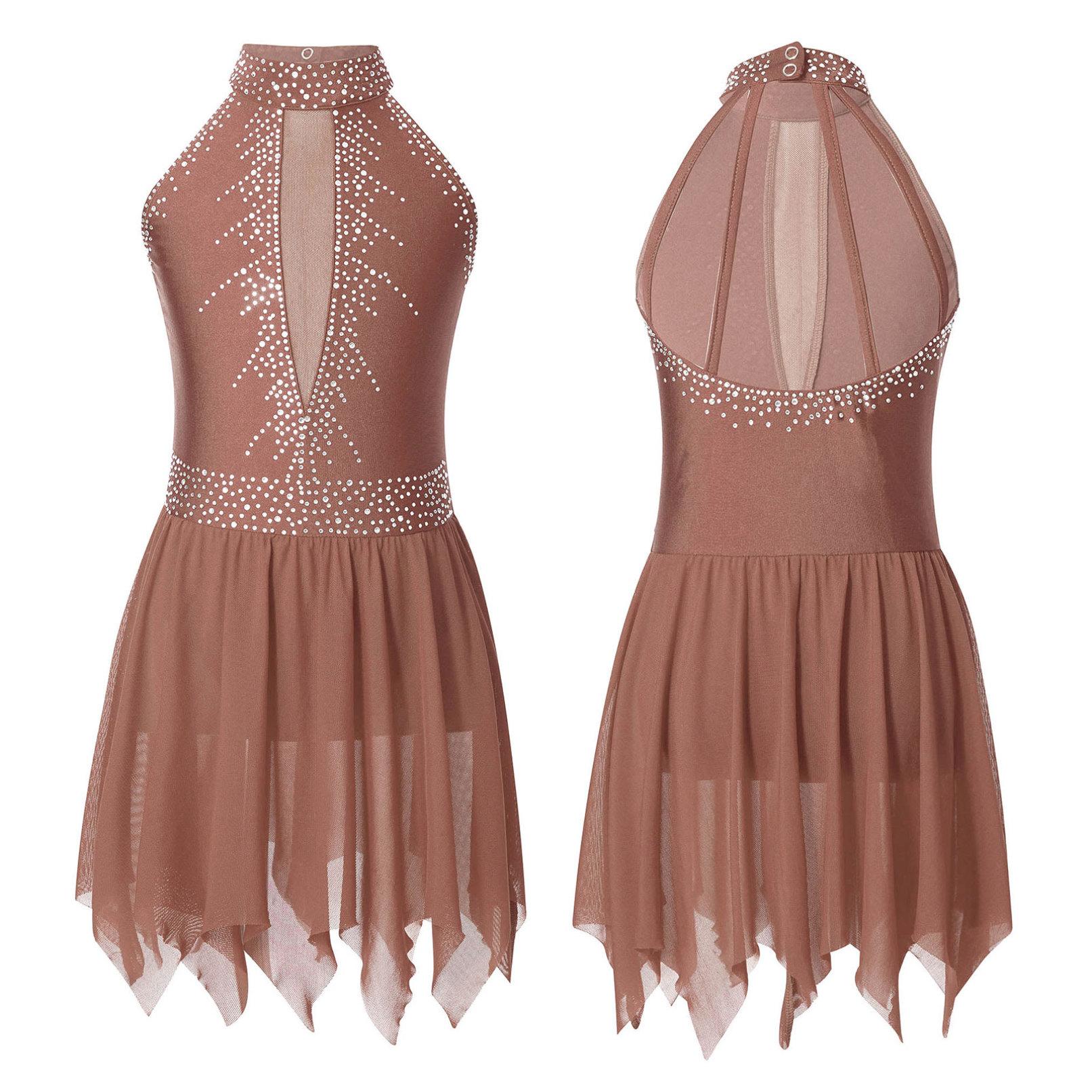 Manyakai Kinderen Meisjes Figuur Schaatsen Dans Jurk Mouwloos Glanzende Strass Mesh Turnpakje Tutu Ballet Gymnastiek Lyrische Jurken 9-10 Years bruin