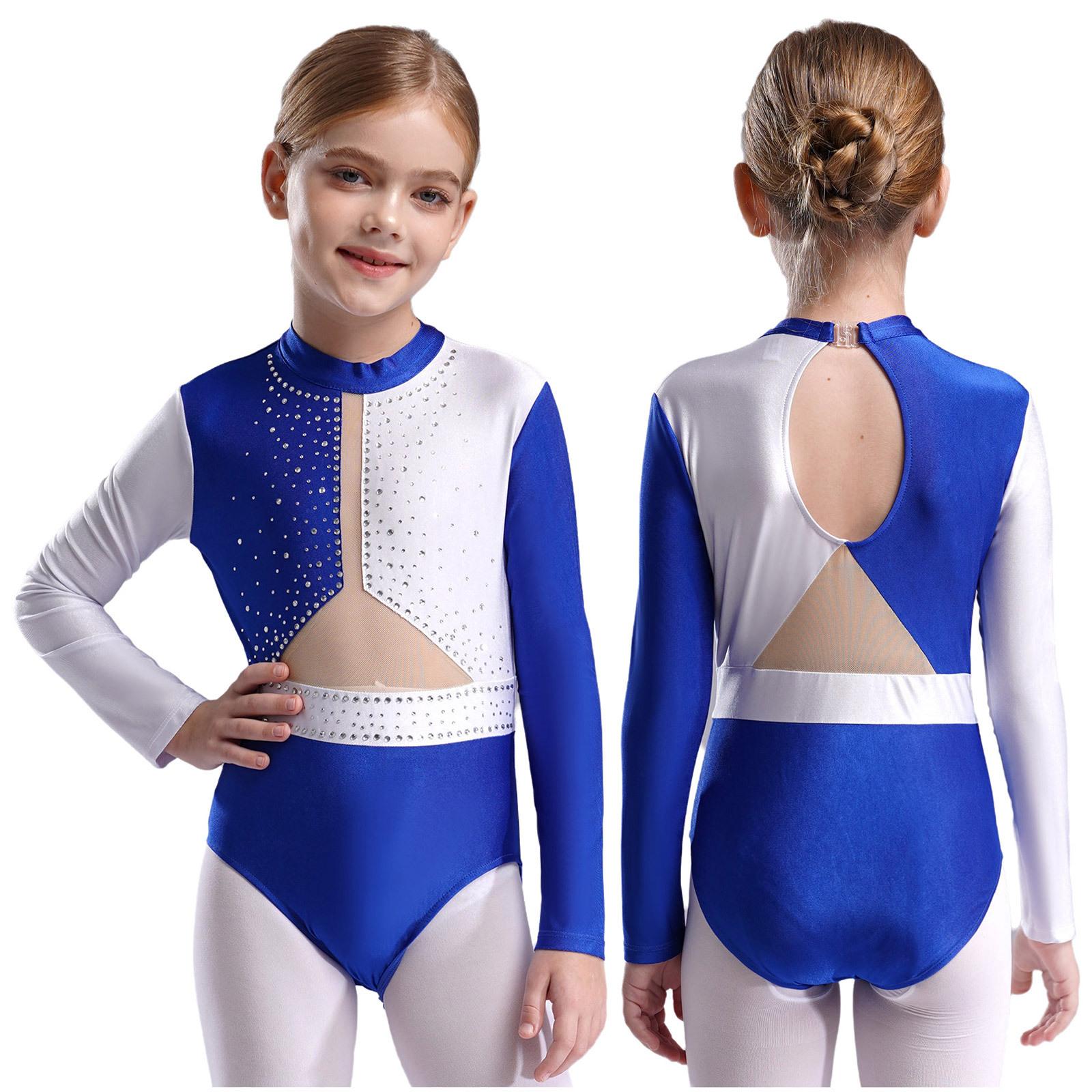 WinYing Meisjes gymnastiek turnpakje kunstschaatsen ballet turnpakje lange mouwen strass mesh jumpsuit danskleding jazzdans bodysuit latin danskostuum 7-8 Years