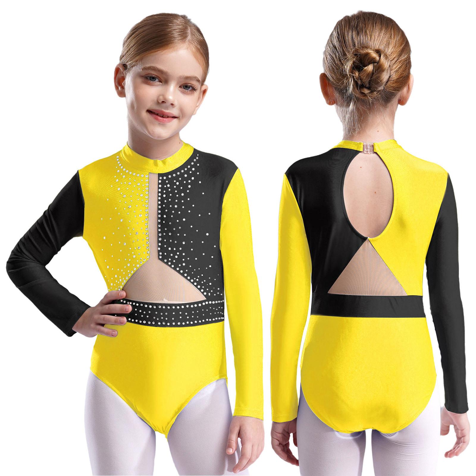 WinYing Meisjes gymnastiek turnpakje kunstschaatsen ballet turnpakje lange mouwen strass mesh jumpsuit danskleding jazzdans bodysuit latin danskostuum 11-12 Years geel