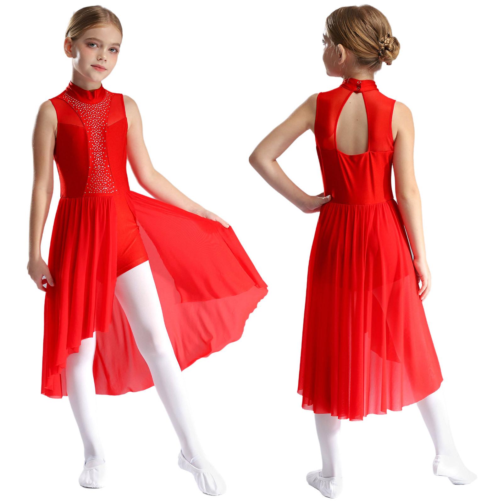 ZDHoor Meisjes lyrische dansjurk kunstschaatskostuum glinsterende strass ballet danskleding mouwloze mock hals asymmetrische zoom jurk 5-6 Years
