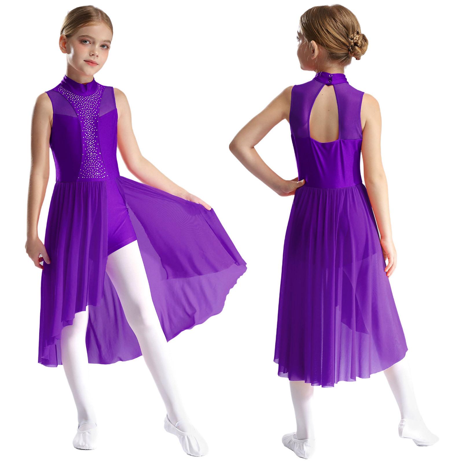 ZDHoor Meisjes lyrische dansjurk kunstschaatskostuum glinsterende strass ballet danskleding mouwloze mock hals asymmetrische zoom jurk 5-6 Years