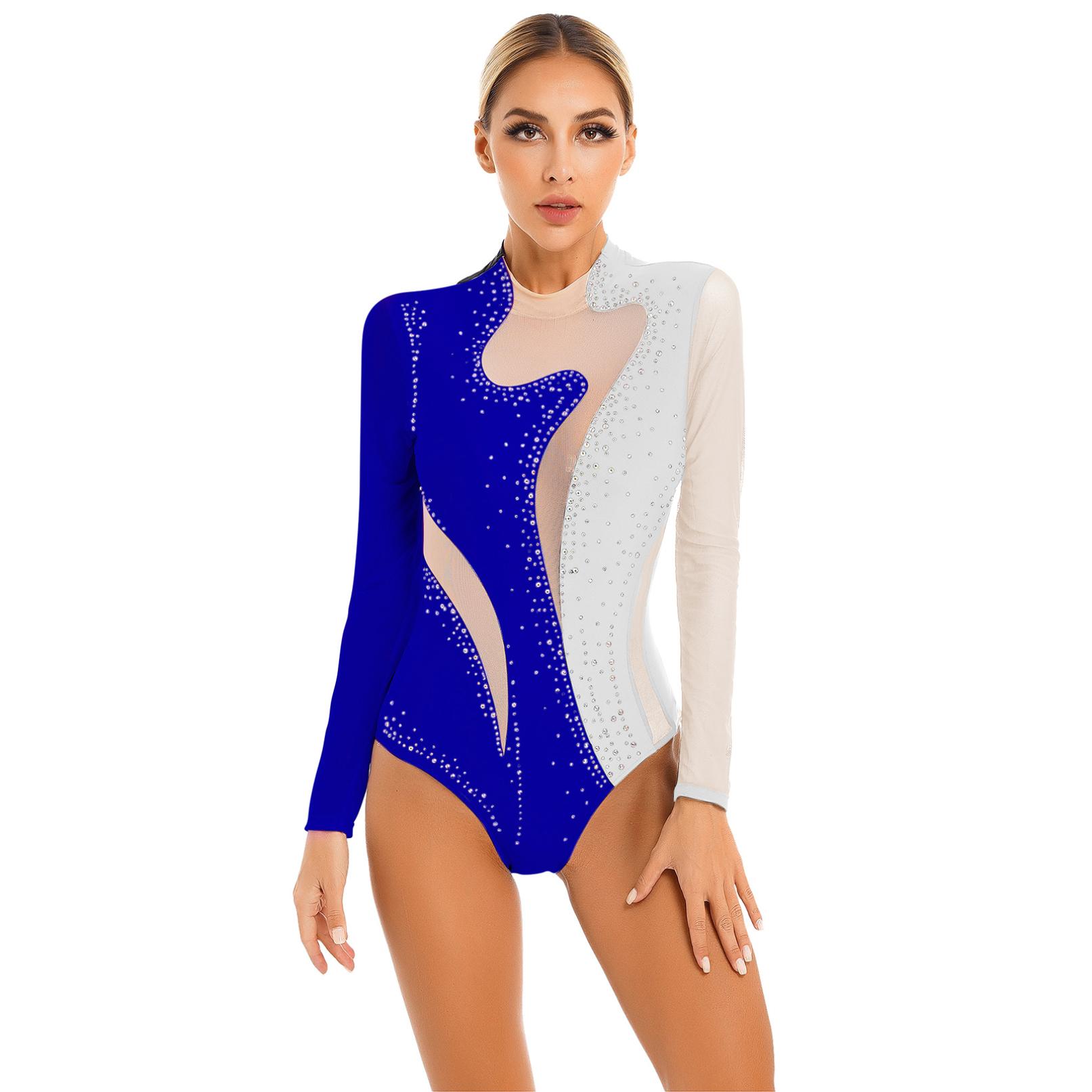 Daenrui Womens Latin Dance Figuur Schaatsen Romper Meisje Ballet Gymnastiek Turnpakje Danskostuum L koningsblauwe kleur/wit