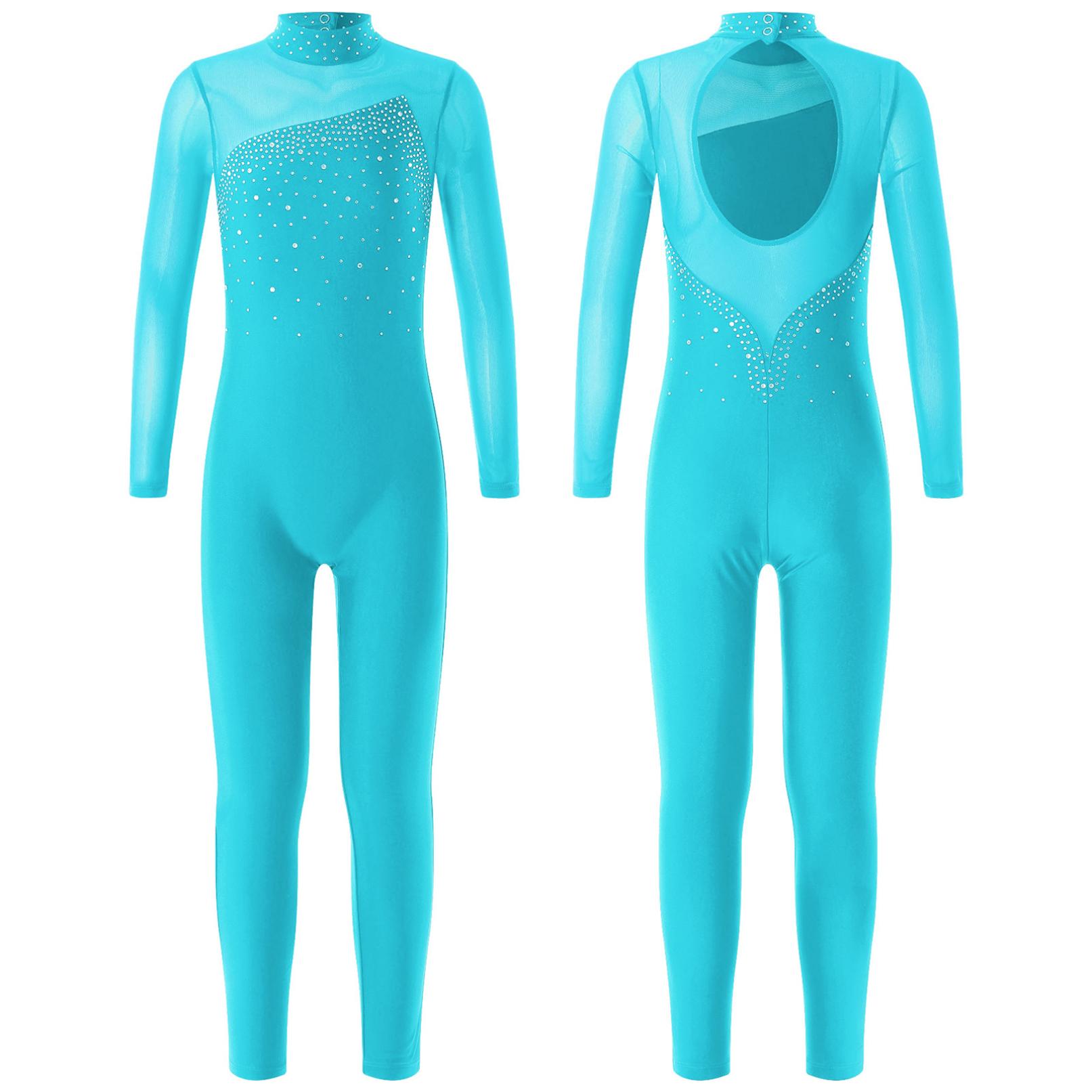 YONGHS Kinderen meisjes lange mouw glanzende strass holle rug schaatspakje gymnastiek jumpsuit uit één stuk 9-10 Years