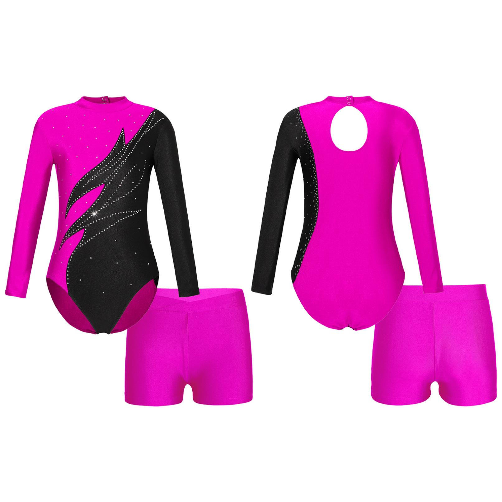 Daenrui Kinderen meisjes lange mouw mock hals glanzende strass decor turnpakje met shorts voor dans gymnastiektraining