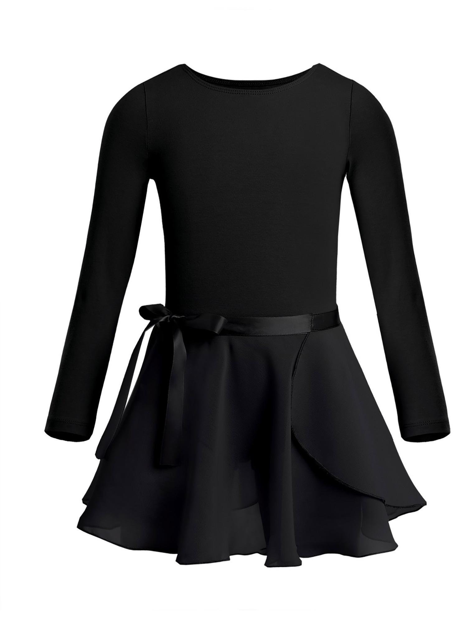 HULIJA Kinderen meisjes katoen lange mouwen ballet dans gymnastiek turnpakje met chiffon rok outfit set 5-6 Years zwart