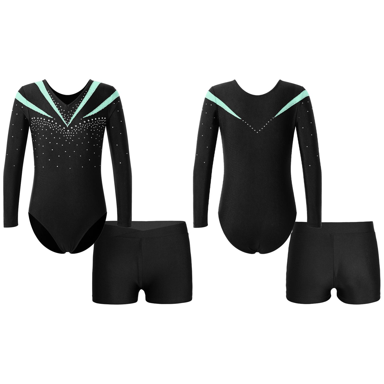 WinYing Meisjes Lange Mouw Glanzend Strass Decor Leotard met Atletische Shorts voor Dans Sport Gymnastiek 9-10 Years