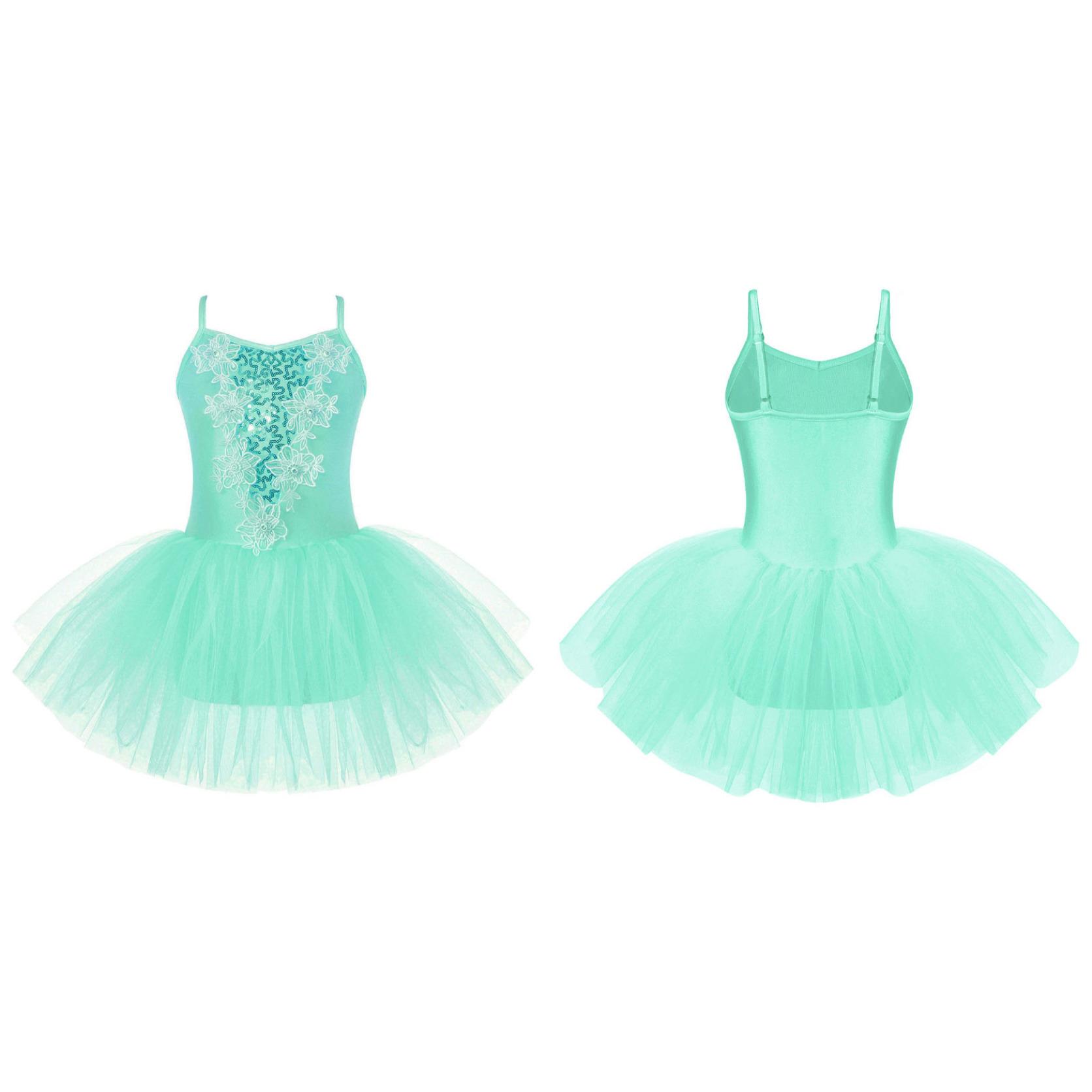 Yunduantong Kinderen Junioren Meisjes Glitter Hemdje Ballet Rok Turnpakje Danskleding V-hals Bloemen Ballerina Kostuum Tutu Mesh Dansjurk 13-14 Years mintgroene kleur