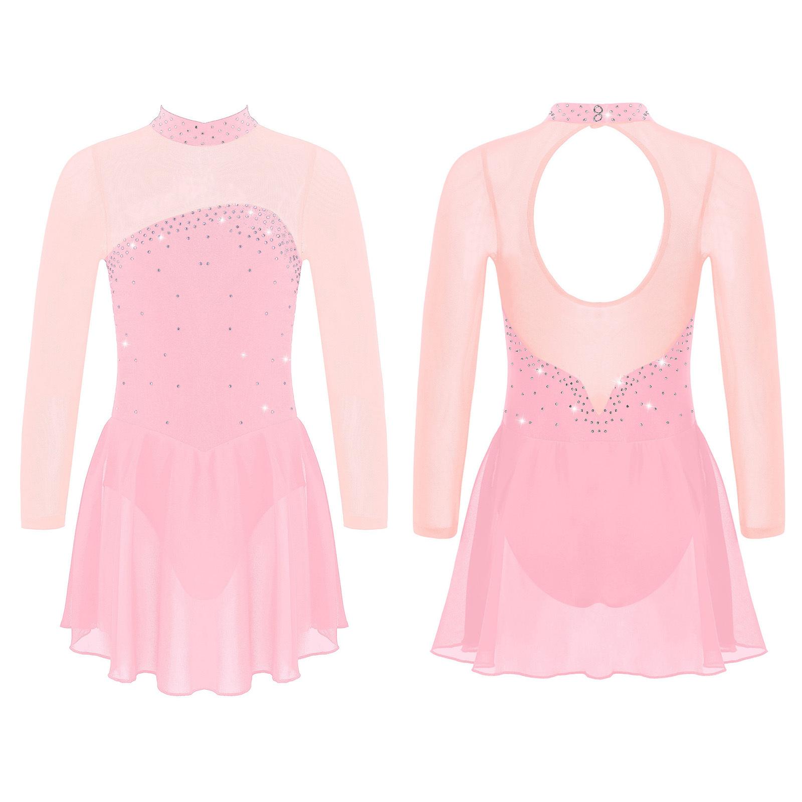 Sxiwei Kinderen Meisjes Glanzende Steentjes Sheer Mesh Lange Mouwen Keyhole Terug Opening Figuur Schaatsen Ballet Dans Turnpakje Jurk 7-8 Years