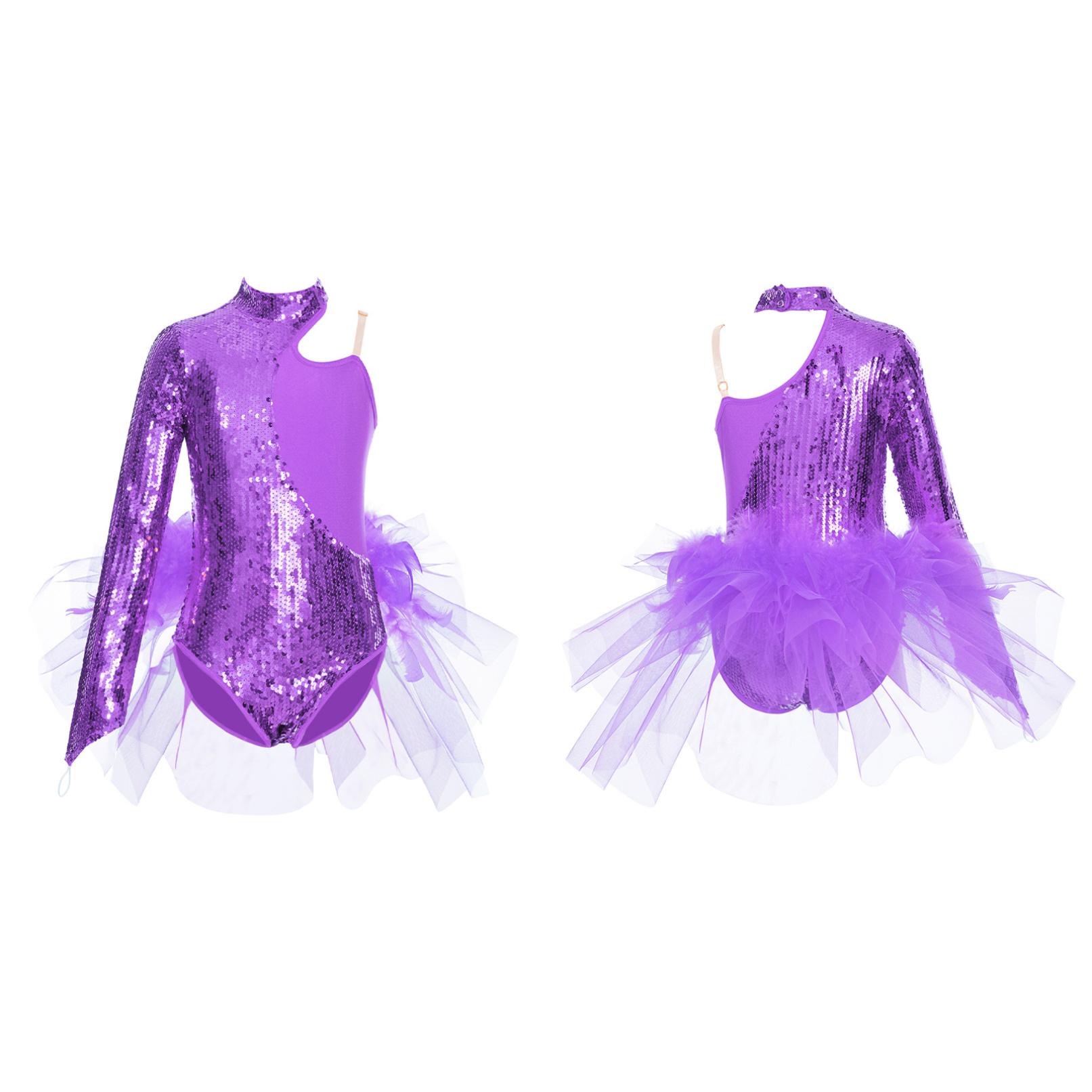 Daenrui Kinderen meisjes dansvoorstelling kostuum sprankelende pailletten lange mouw turnpakje tule rok bodysuit 5-6 Years
