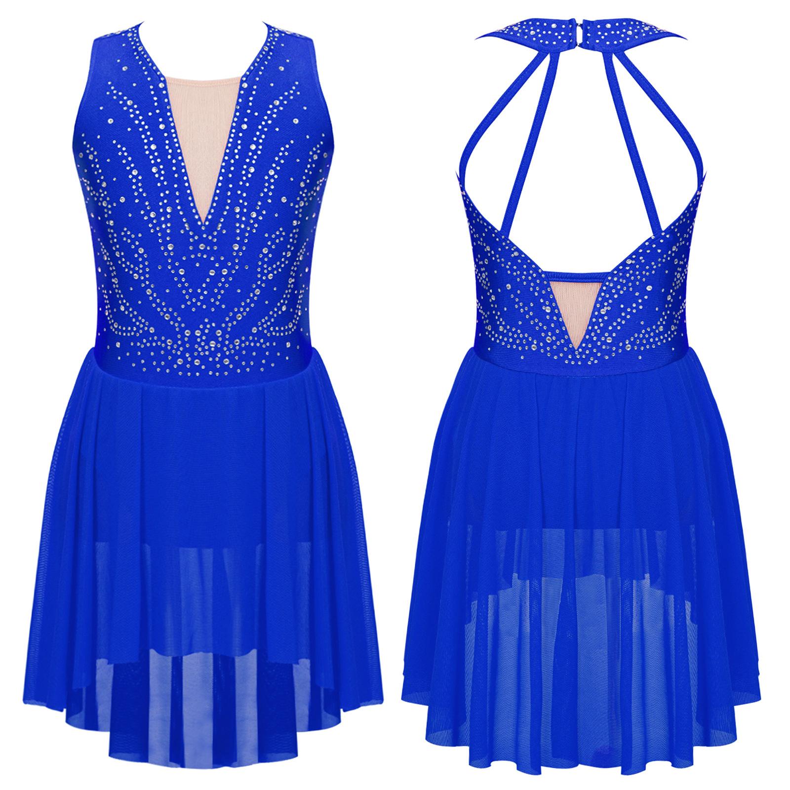 Sywiyi Kinderen meisjes strass kunstschaatsen ballet lyrische prestaties jurk strappy rug asymmetrische zoom mouwloze dansjurken 11-12 Years