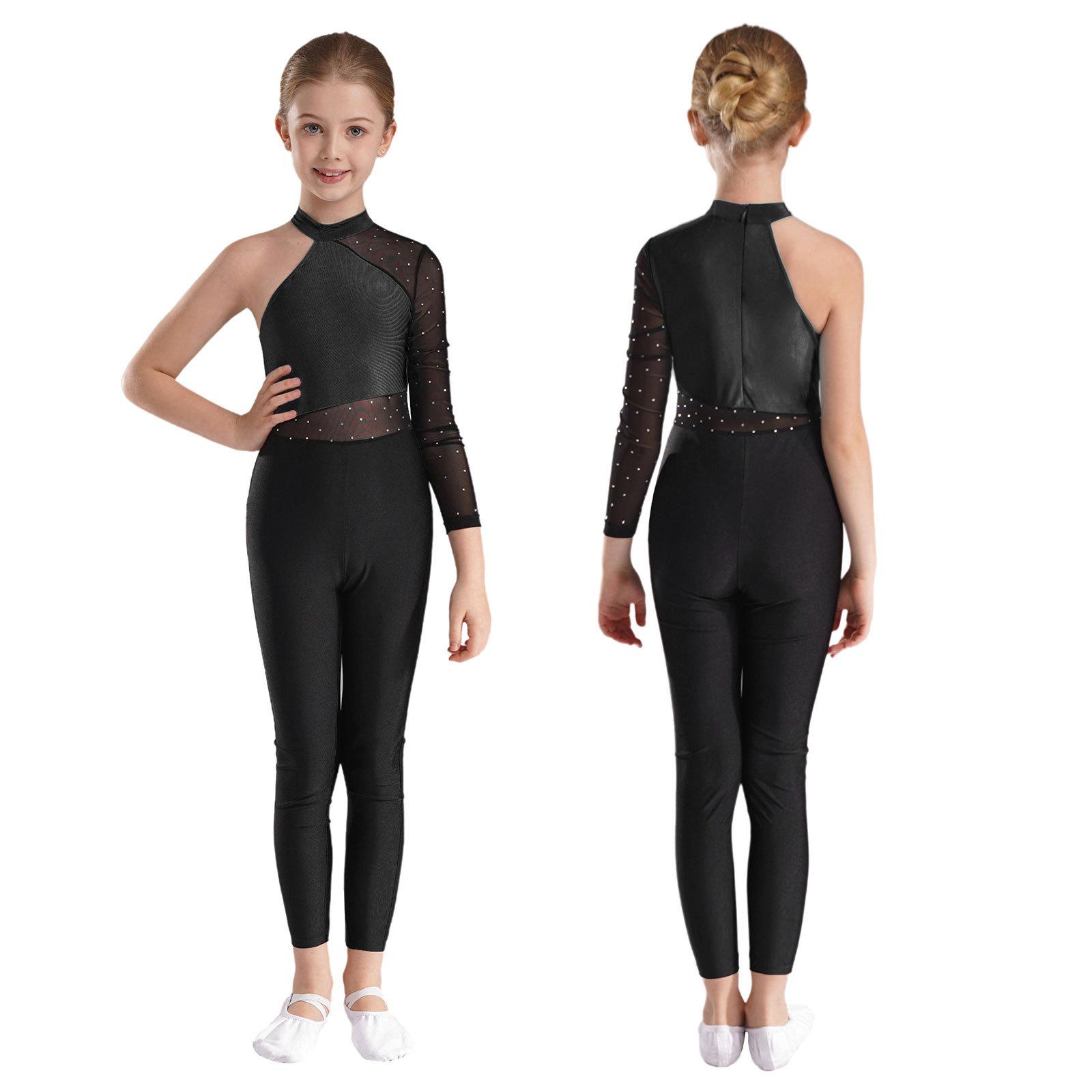 Yunduantong-electronic Meisjes Een Mesh Mouw Volledige Lichaamsbedekking Jumpsuits Gymnastiek Ballet Moderne Dans Uniform Unitard IJs Schaatsen Competitie Kostuum 9-10 Years