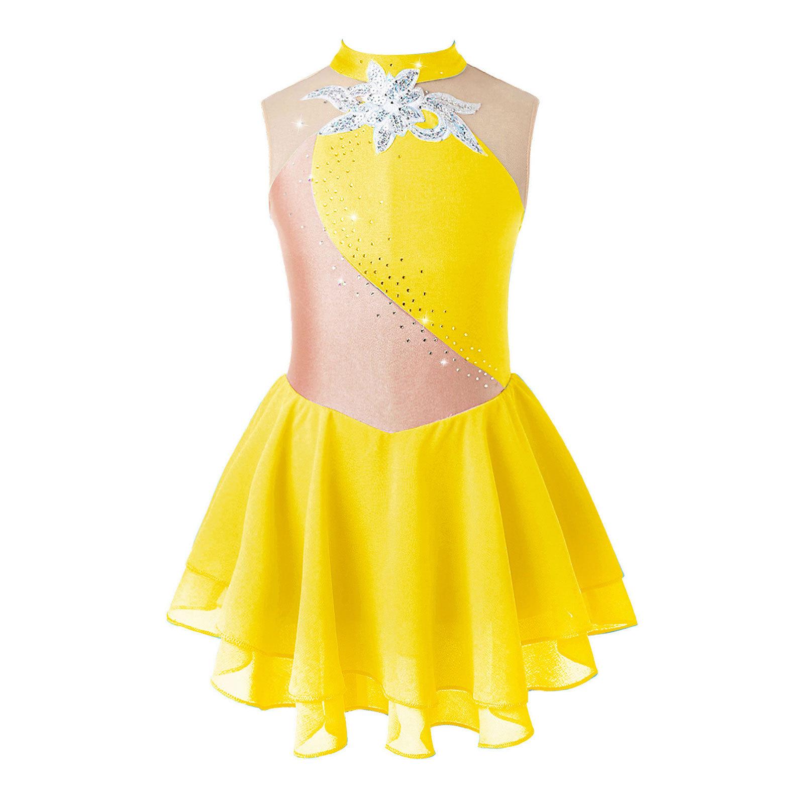 Sywiyi Kinderen Meisjes Kunstschaatsen Jurk Strass Mesh Splice Mouwloos Ballet Dans Jurk Gymnastiek Turnpakje Prestaties Kostuums 9-10 Years