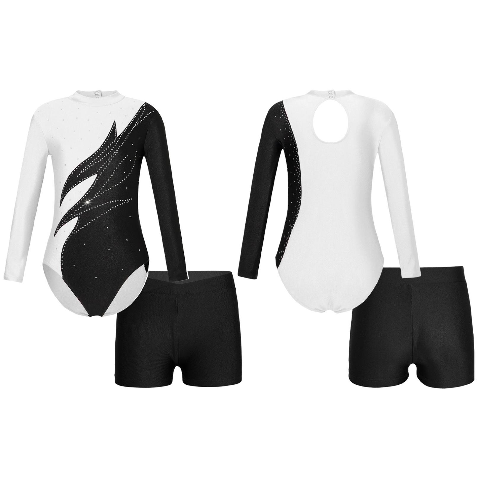 Daenrui Kinderen meisjes lange mouw mock hals glanzende strass decor turnpakje met shorts voor dans gymnastiektraining 13-14 Years