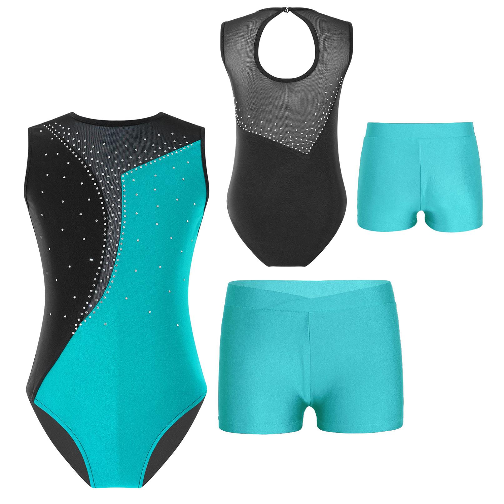 Inlzdz Kinderen Mouwloos Ballet Gymnastiek Turnpakje met Shorts Yoga Danskleding Sets Meisjes Kinderen Schaatsen Jumpsuit Dansoutfits 9-10 Years meer blauwe kleur