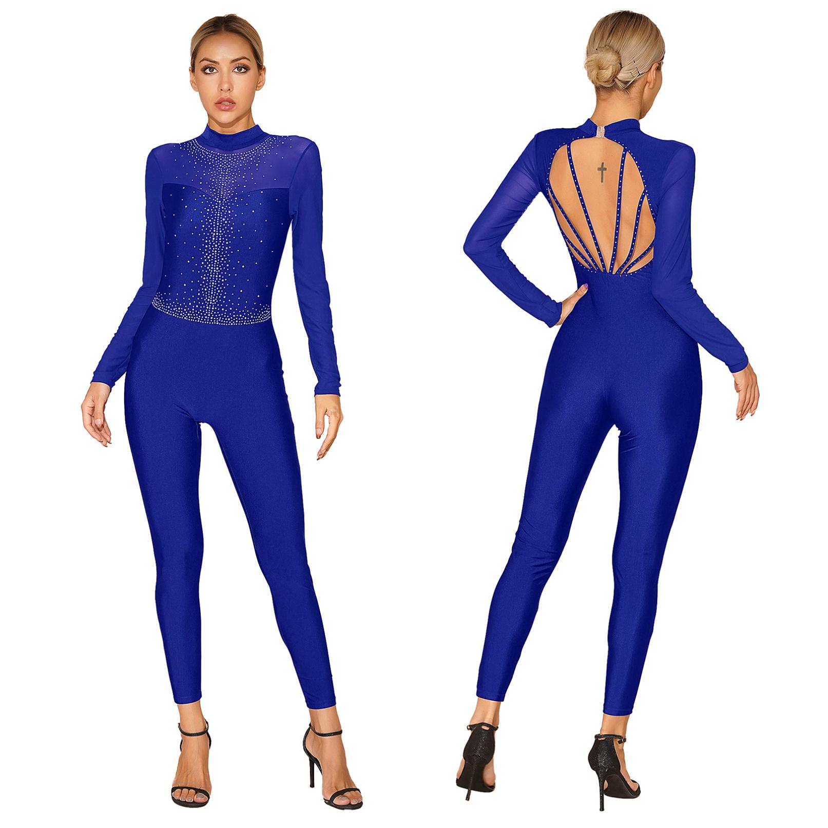 YONGHS Dames turnpakje met lange mouwen, strass-glitter bodysuit, kunstschaatsen, volledig pak, balletdanskleding S