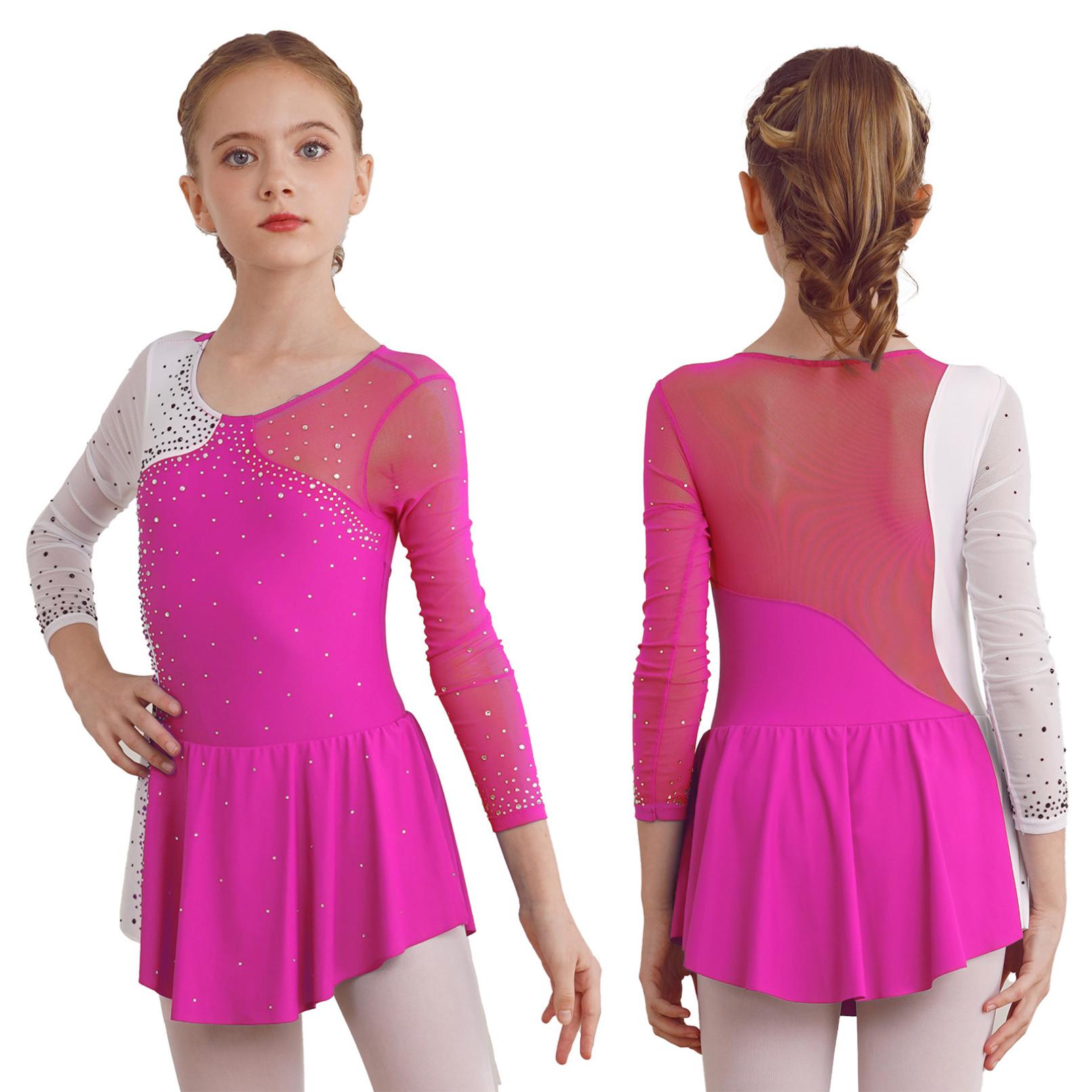 Tiaobug Stijlvolle balletdansjurk voor meisjes, ronde hals, glanzende strass versierde gymnastiekpakjes, feestkleding 11-12 Years helder roze