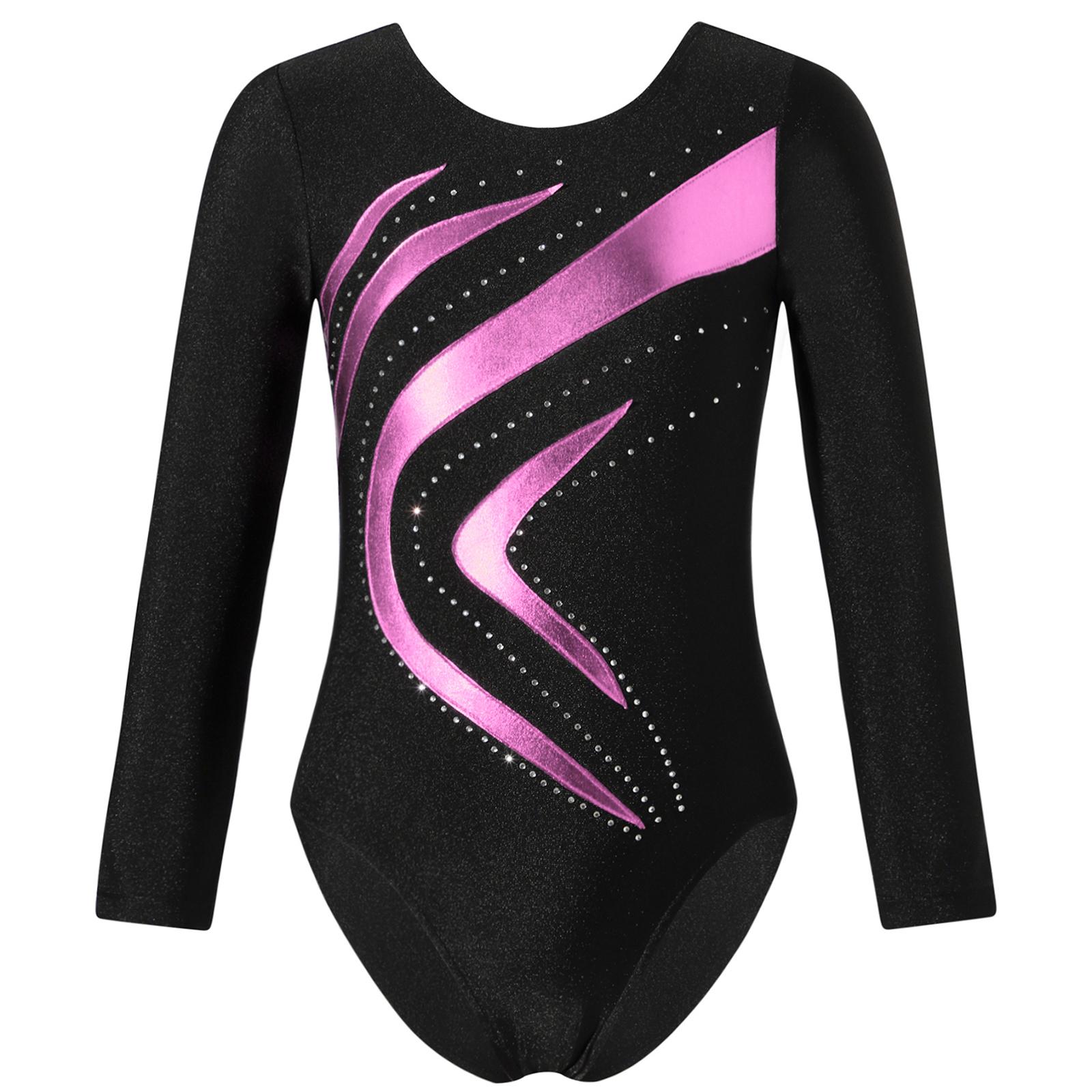 ZDHoor Kinderen meisjes glanzend strass decor gymnastiek turnpakje ronde hals lange mouw fitness dans bodysuit outfit 7-8 Years