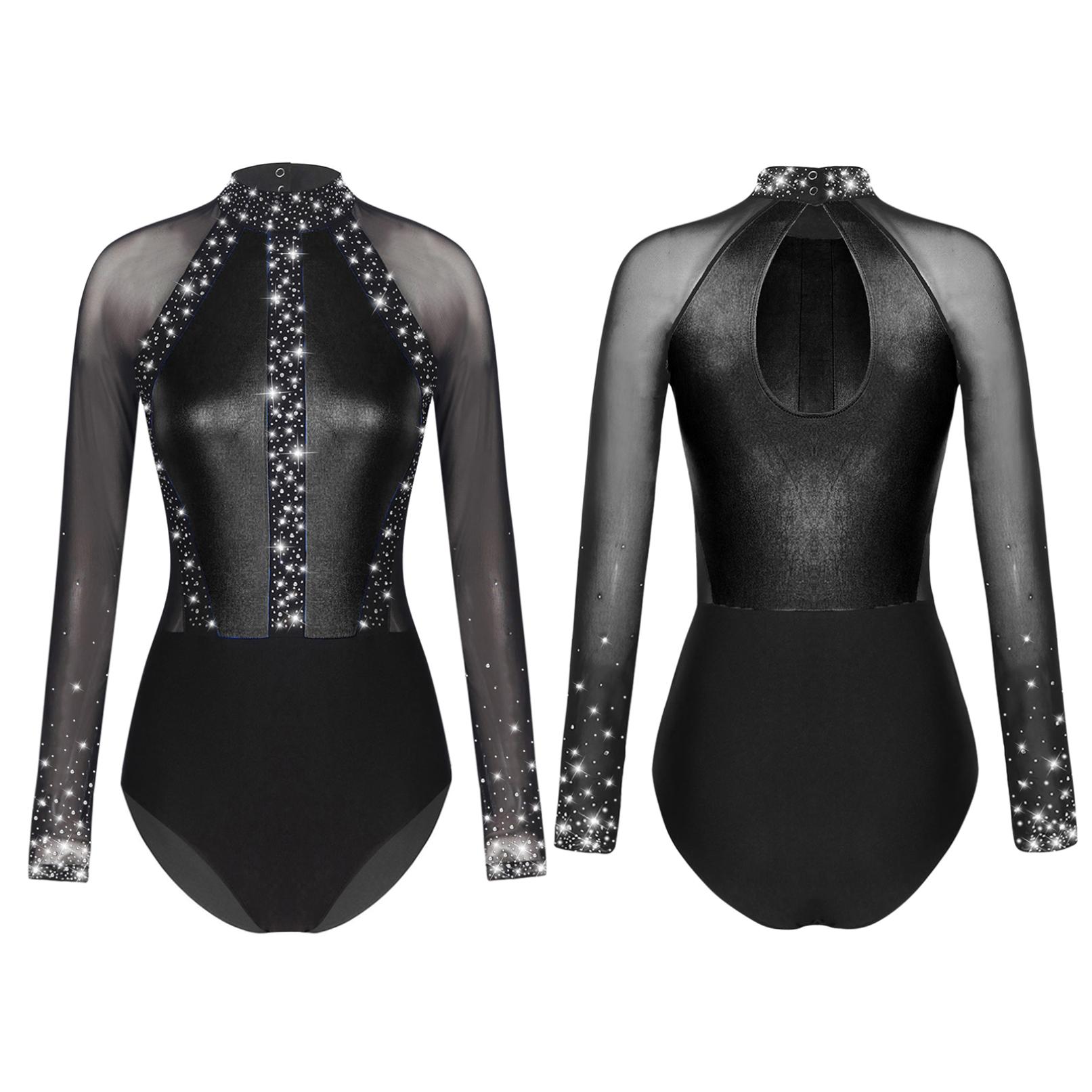 Tiaobug Dames strass ballet gymnastiek dans turnpakje bodysuit kunstschaatsen danskostuum met lange mouwen S