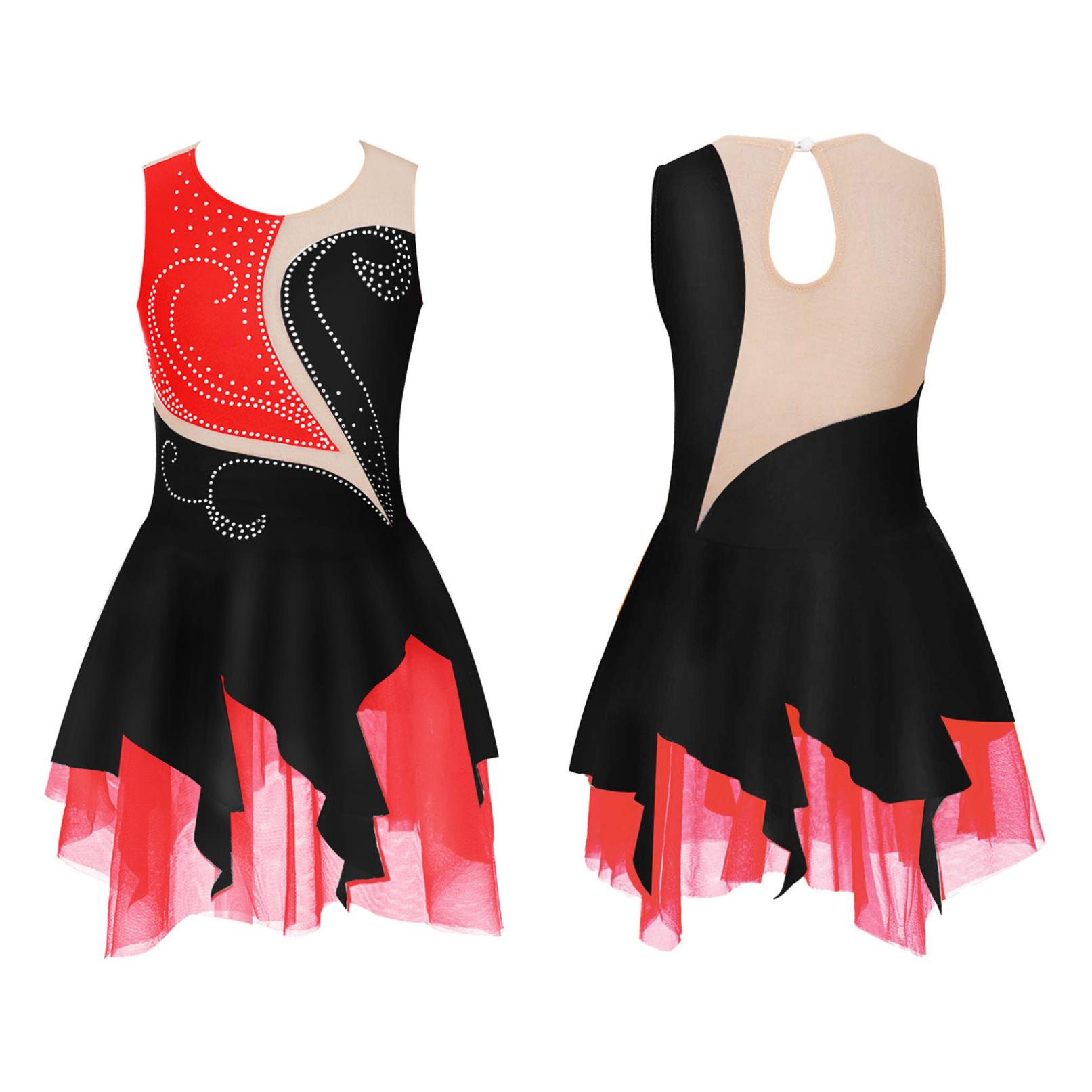 Manyakai Kinderen Meisjes Kunstschaatsen Jurk Mouwloos Glanzend Strass Dans Turnpakje Gymnastiek Ballet Ballroom Danskleding 9-10 Years rood/zwart