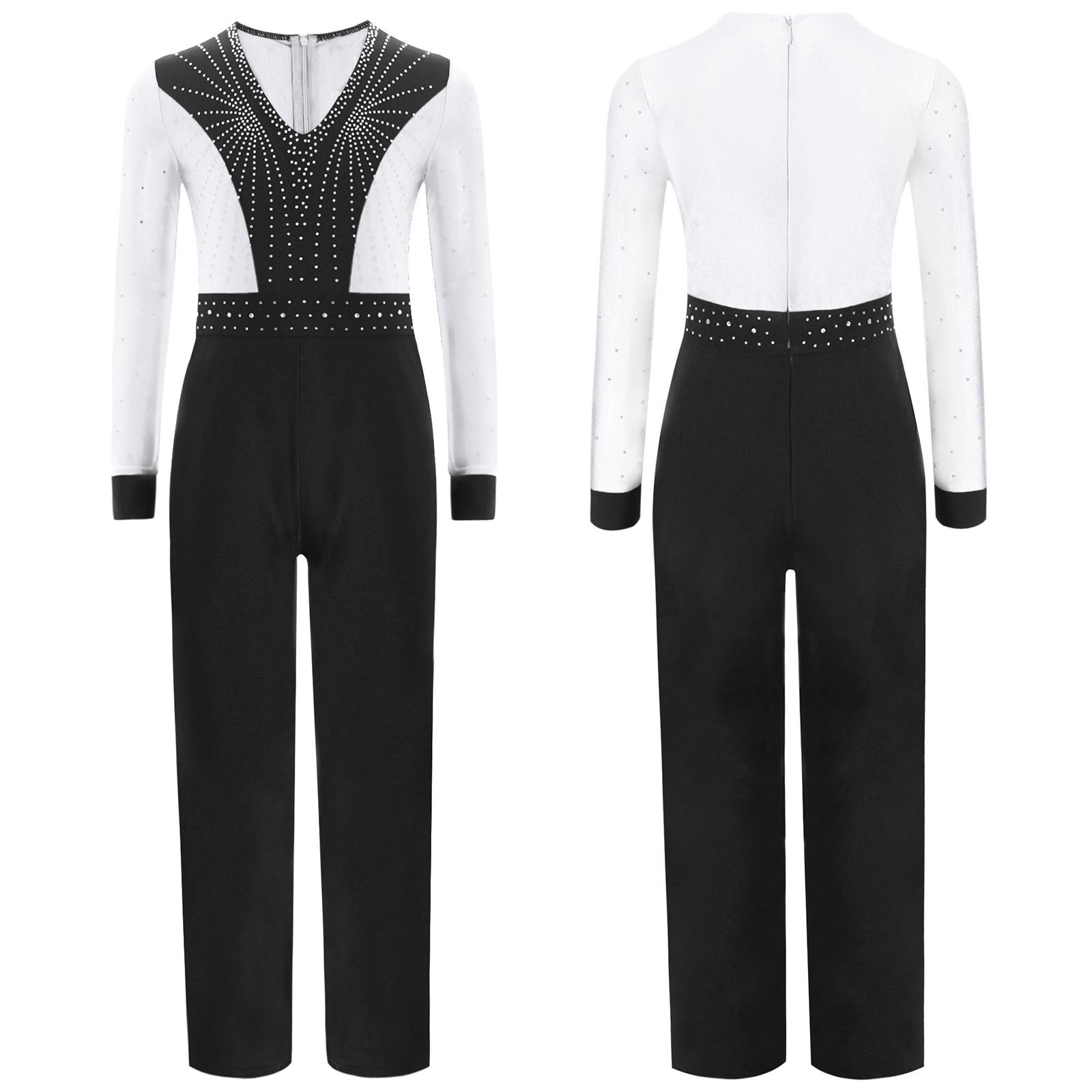 Yunduantong-electronic Jongens V-hals Lyrisch Latin Dans Turnpakje Salsa Tango Rumba Cha-Cha Ballroom Jazz Danskleding Glanzende Strass Decor Bodysuits 15-16 Years