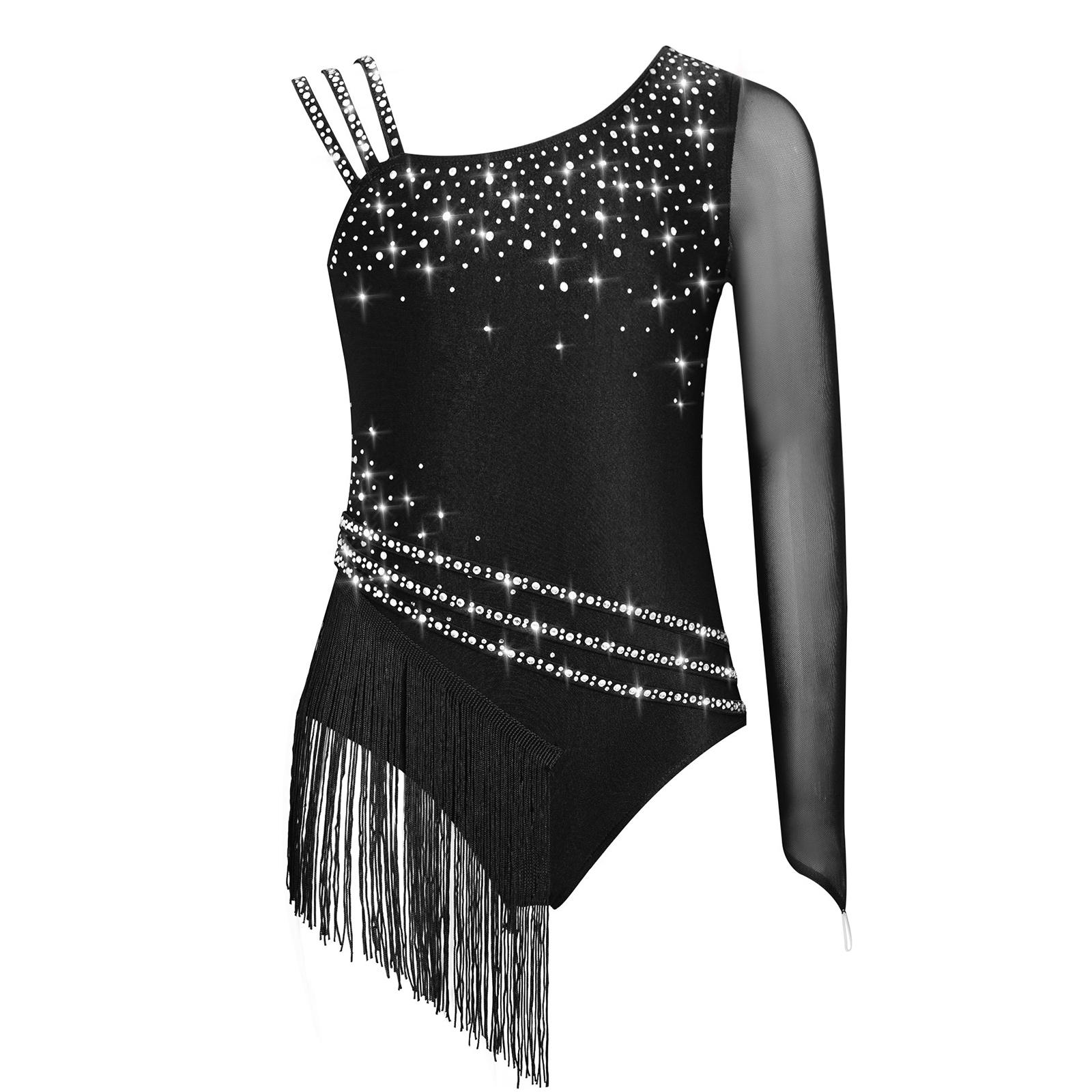 Inlzdz Meisjes glitterend strass franje leotard body met onregelmatige kwastjes voor schaatsen danswedstrijden 13-14 Years