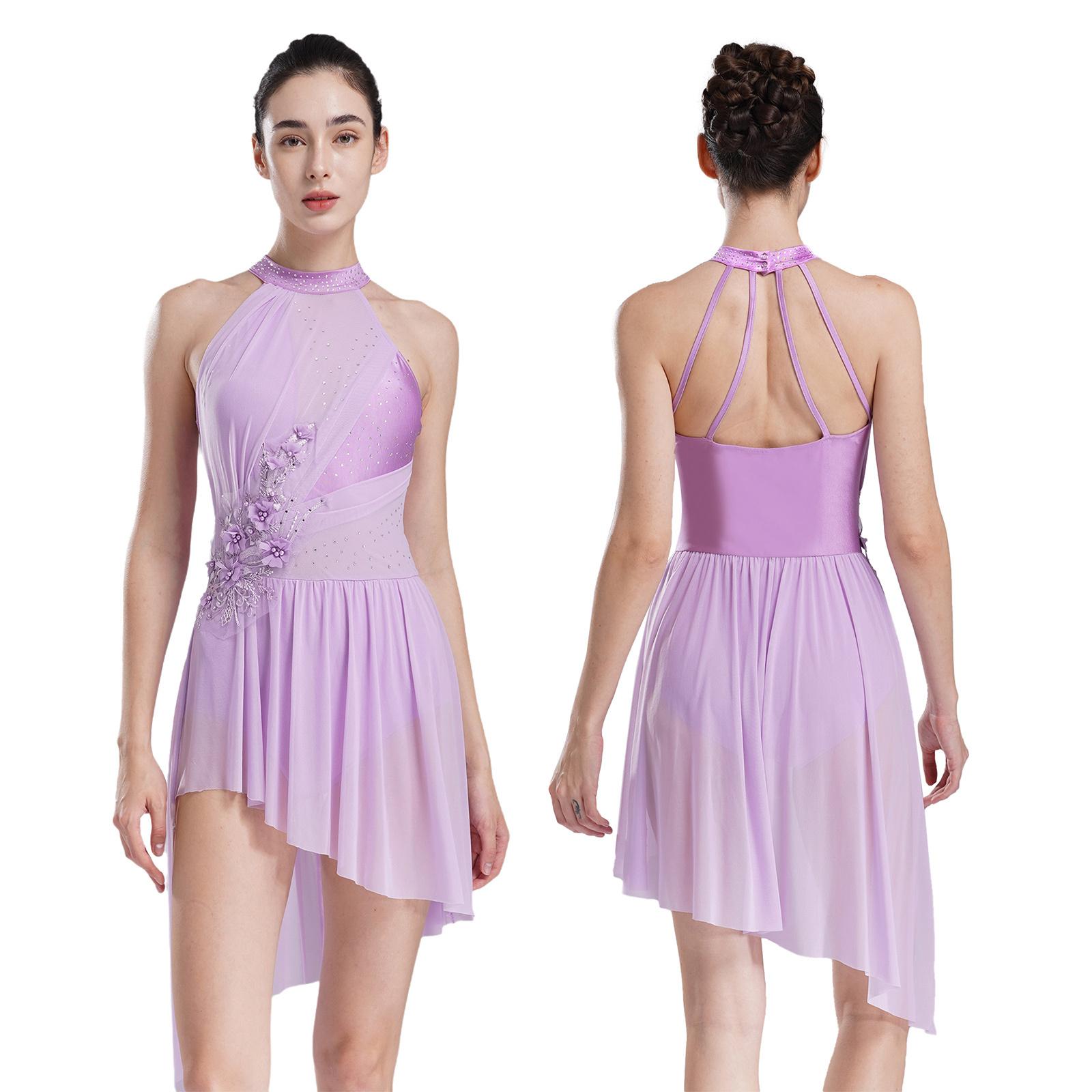 Daenrui Vrouwen Ballet Lyrische Dansjurken voor Kunstschaatsen Halter Strappy Rug Asymmetrische Zoom Glanzende Strass Leotard Jurk S