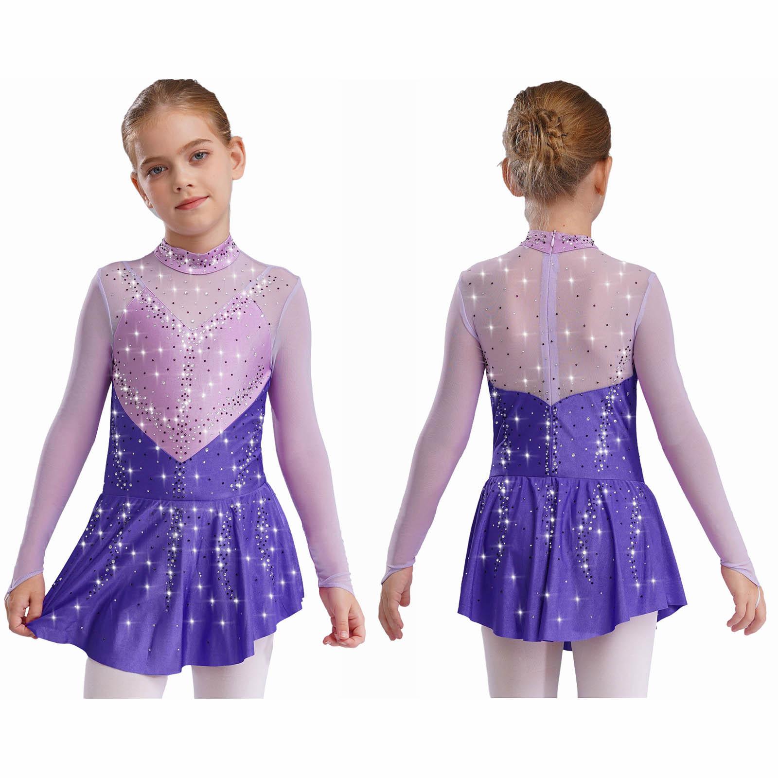 Aislor Kids Girls Figure Skating Dance Dresses Mock Neck Long Sleeve Color Block Sheer Mesh Patchwork Shiny Rhinestones Dress 11-12 Years