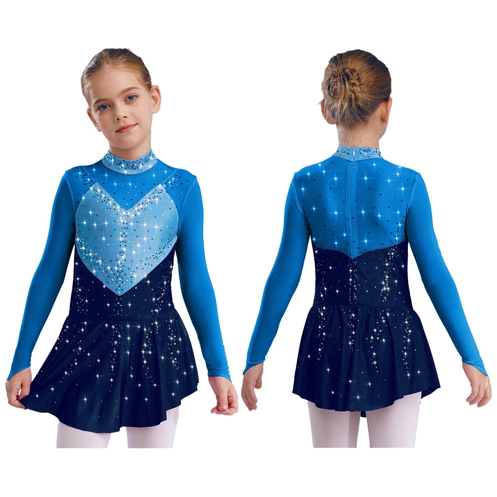 Aislor Kids Girls Figure Skating Dance Dresses Mock Neck Long Sleeve Color Block Sheer Mesh Patchwork Shiny Rhinestones Dress 7-8 Years blauw