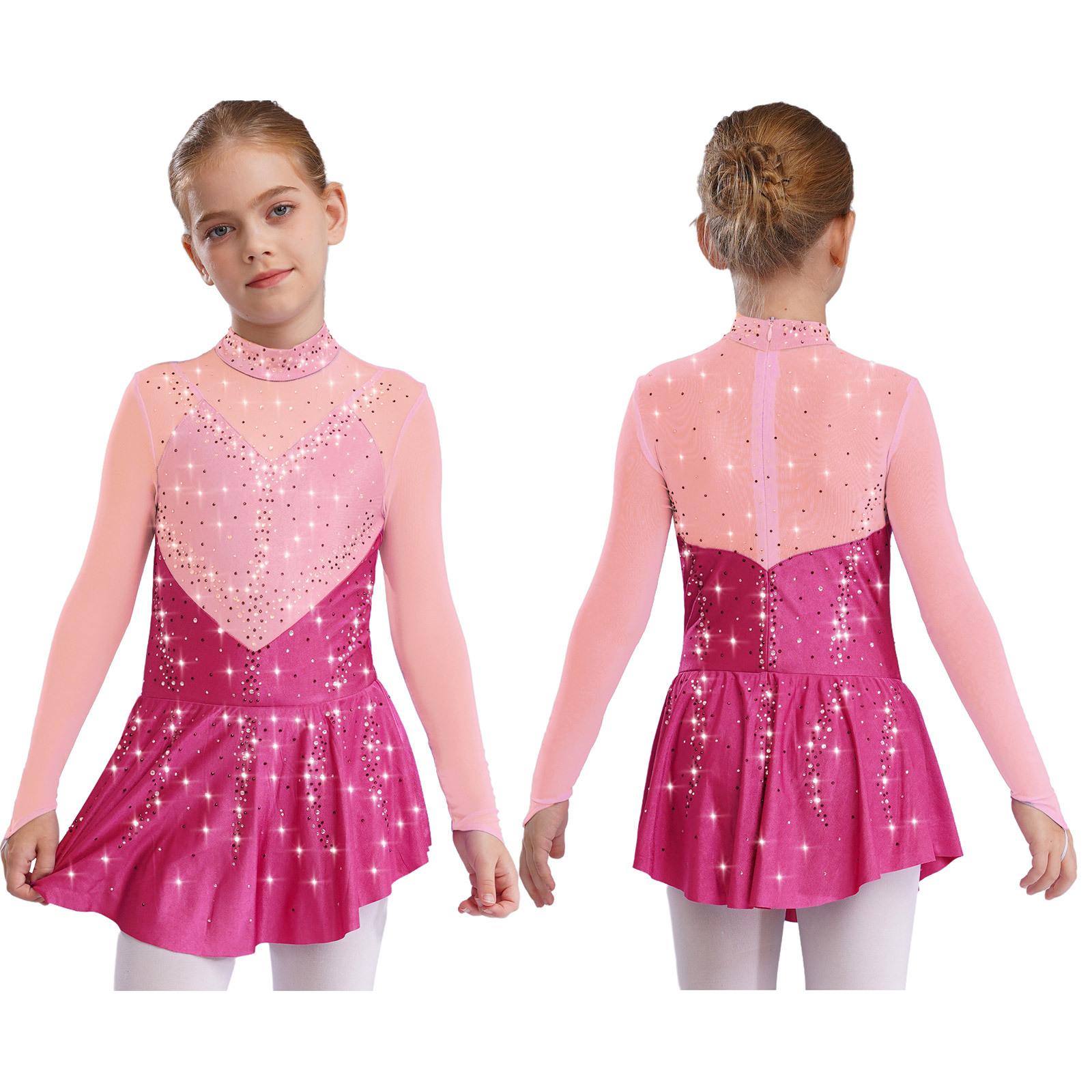 Aislor Kids Girls Figure Skating Dance Dresses Mock Neck Long Sleeve Color Block Sheer Mesh Patchwork Shiny Rhinestones Dress 9-10 Years