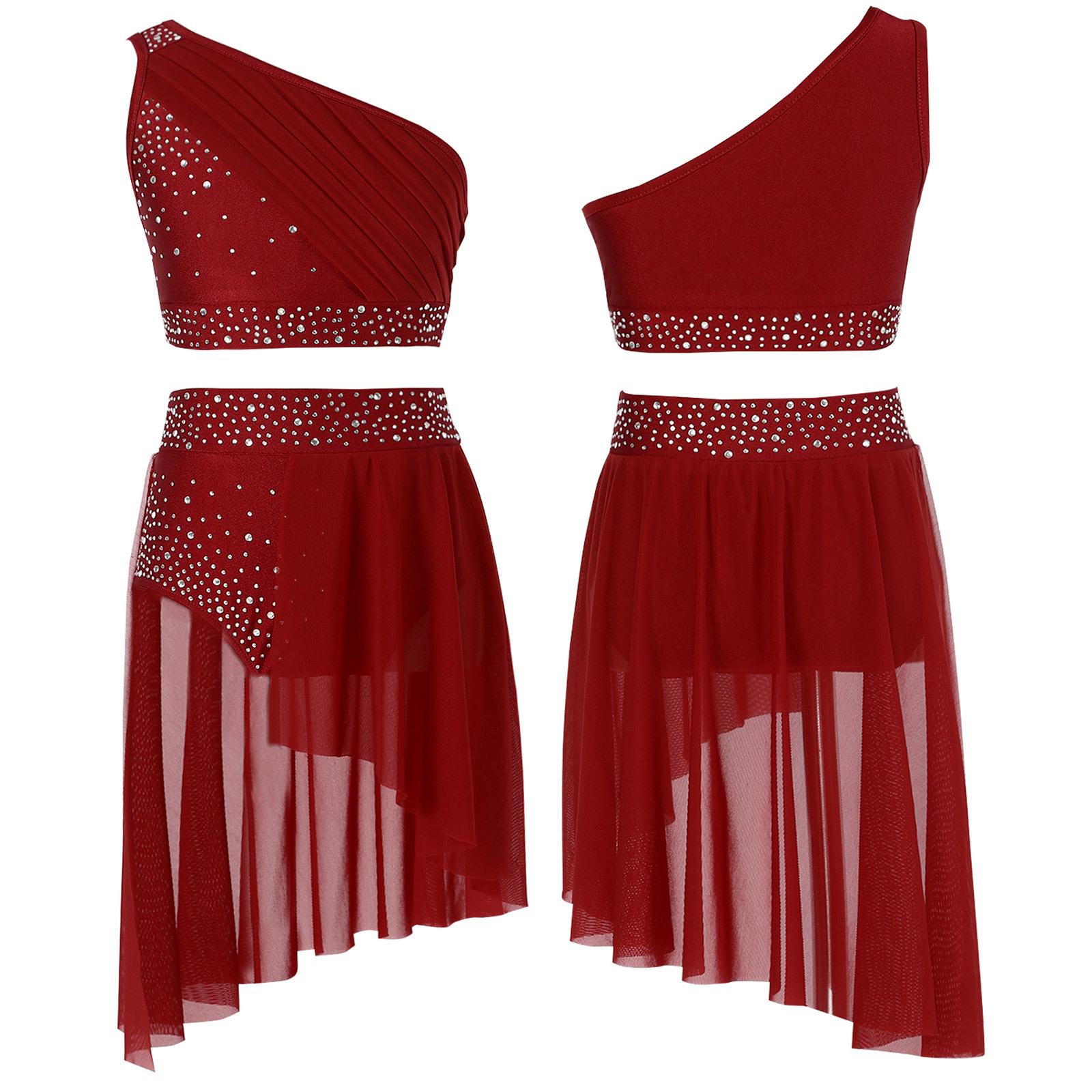YOOJIA Kinderen Meisjes 2 Stuks Dans Outfit Ballet Gymnastiek Turnpakje Atletische Crop Top met Tutu Rok Lyrische Dans Jurk 5-6 Years bordeaux