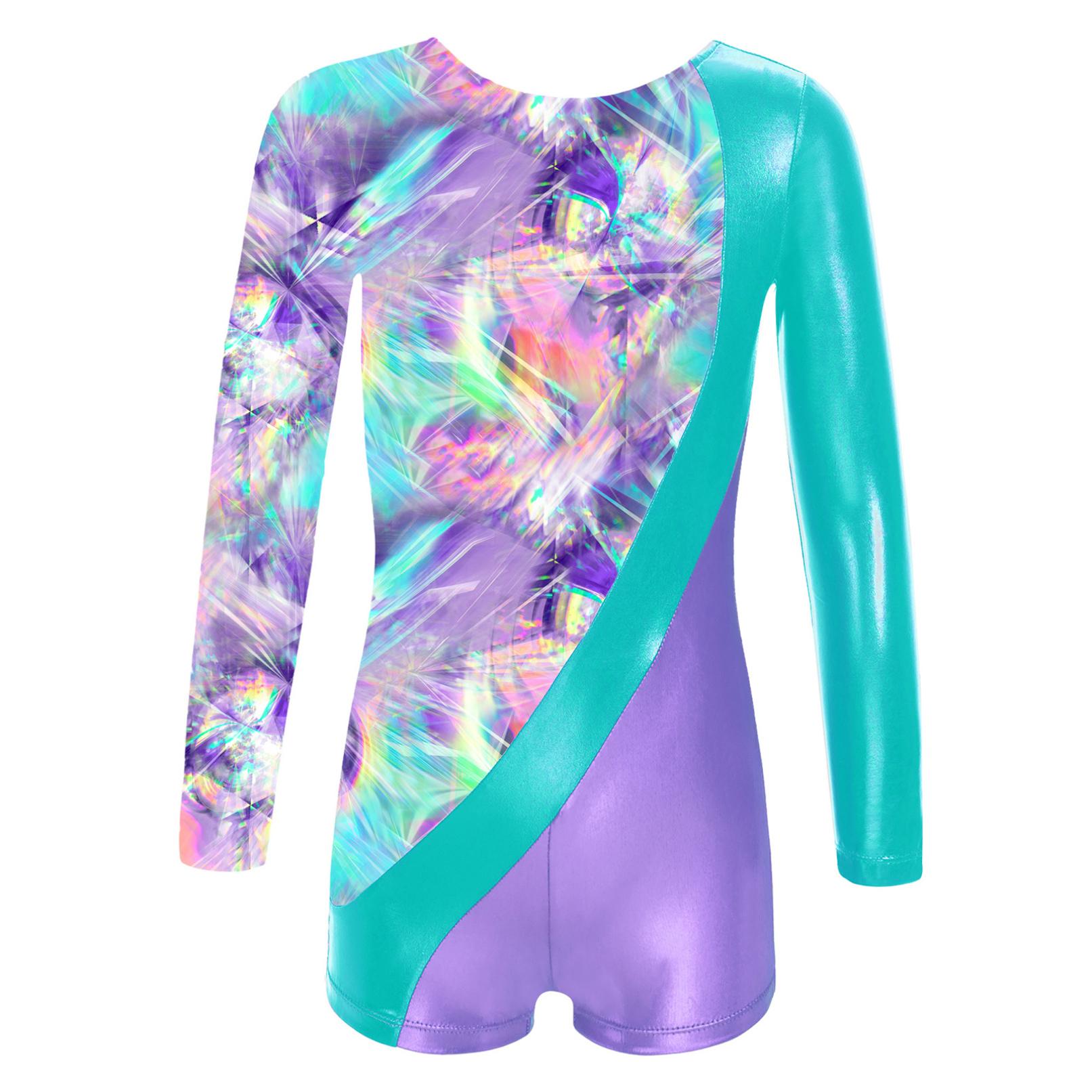 YOOJIA Kinderen Meisjes Metallic Gedrukt Gymnastiek Turnpakje Met Lange Mouwen Ballet Dans Biketard Korte Unitard Dancewear 13-14 Years lavendel