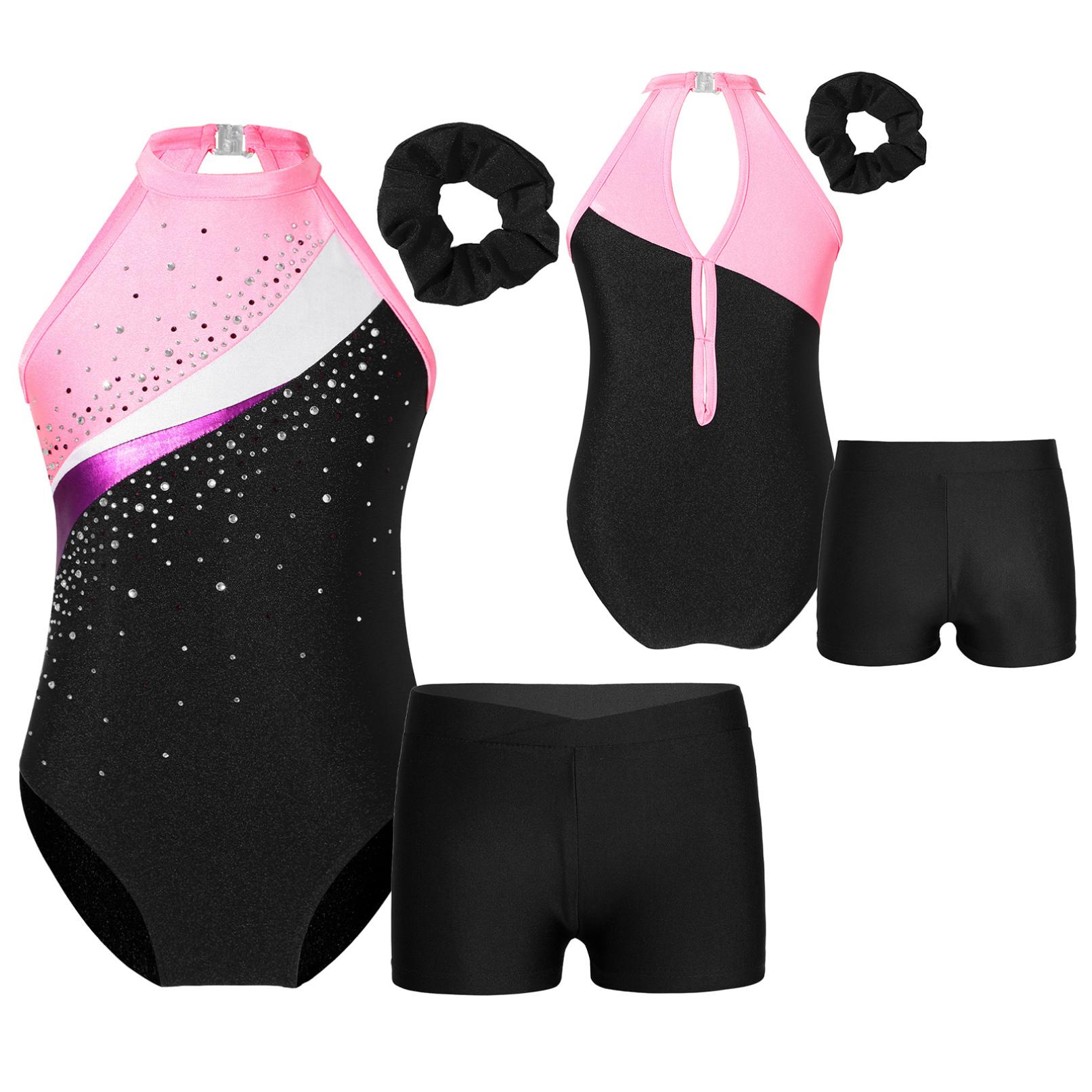 HULIJA Balletdansoutfits voor kinderen voor meisjes Glanzend mouwloos gymnastiekpak met atletische shorts Haarband Trainingspak Activewear 7-8 Years roze/zwart