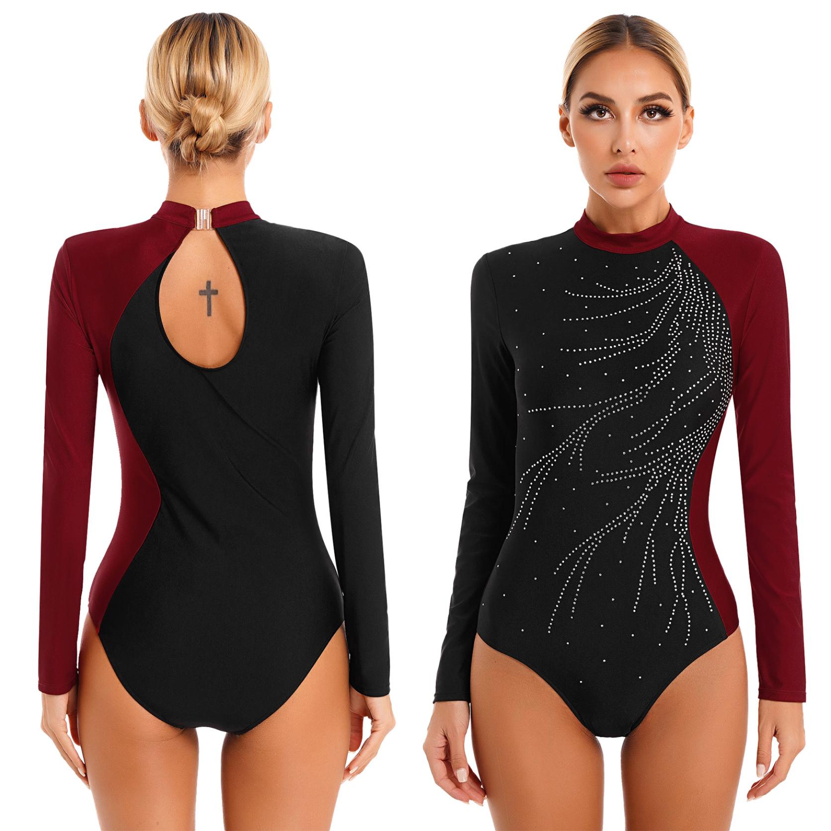 Yunduantong-electronic Vrouwen dans gymnastiek bodysuit kunstschaatsen jurk glitter strass prestaties jazzdans kostuum S