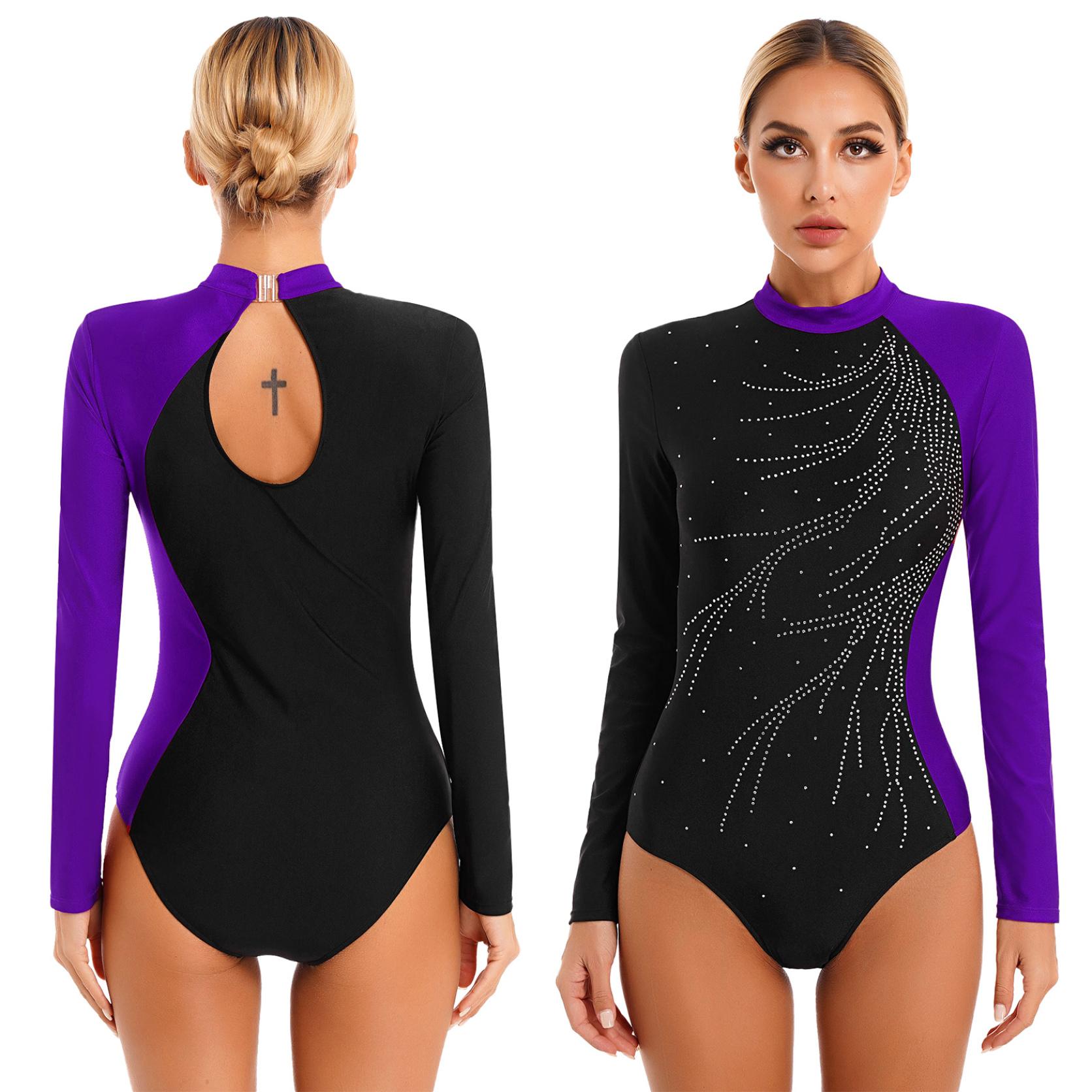 Yunduantong-electronic Vrouwen dans gymnastiek bodysuit kunstschaatsen jurk glitter strass prestaties jazzdans kostuum paars