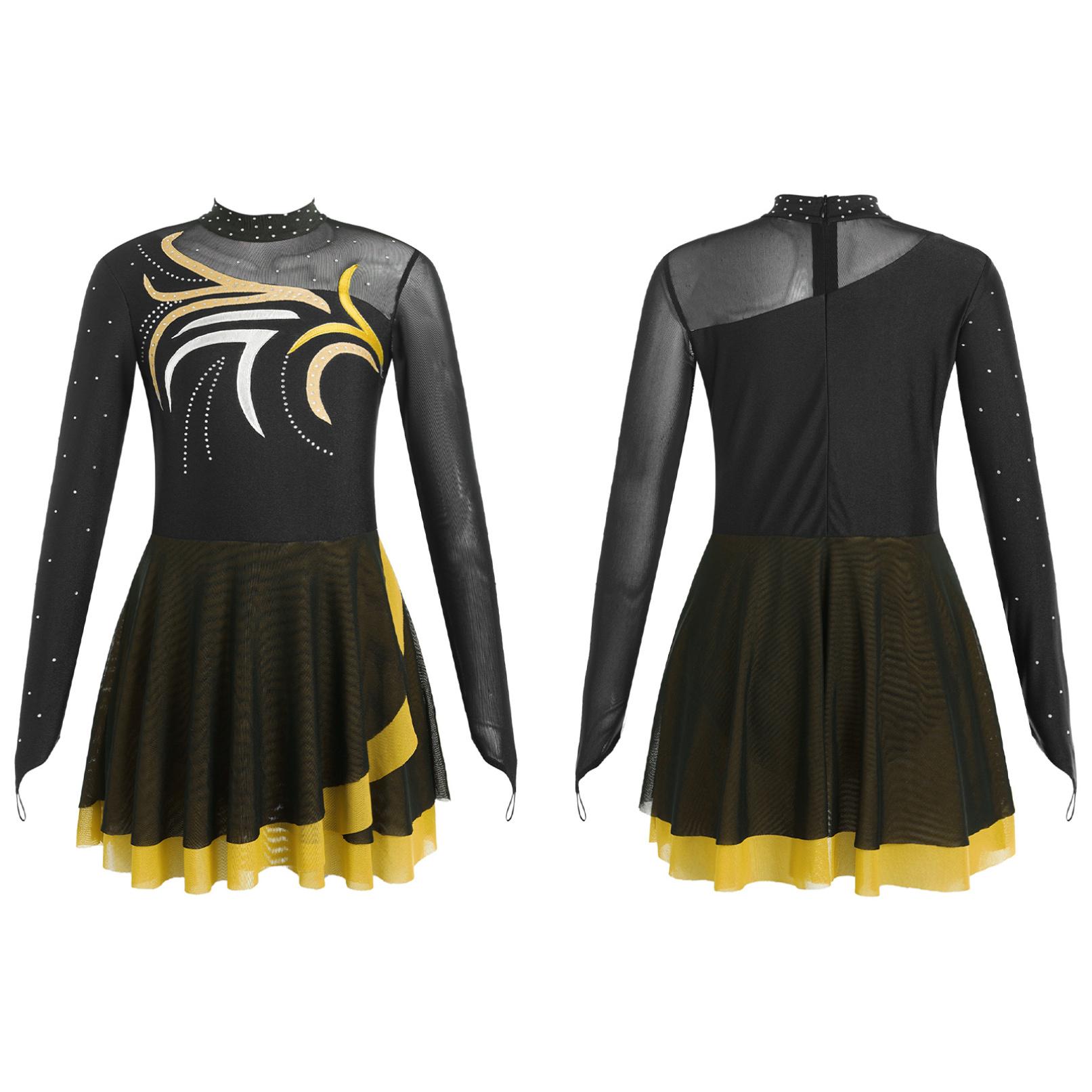 Manyakai Kinderen Meisjes Kunstschaatsen Jurk Mesh Patchwork Lange Mouwen Ballet Dans Leotards Jurk Gymnastiek Outfits 13-14 Years