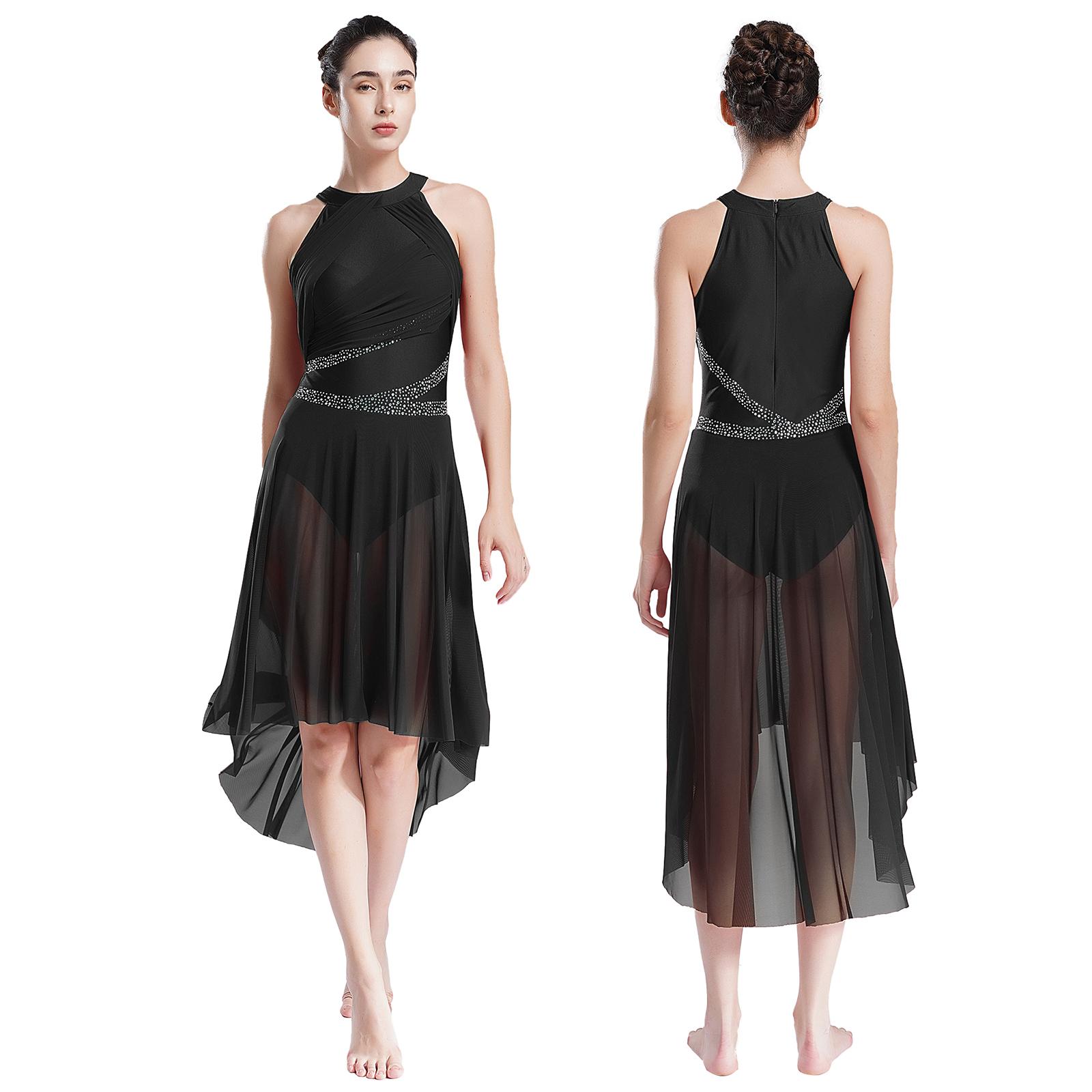 Yunduantong-electronic Dames Lyrical Ballet Ballroom Dans Leotard Danskleding Glinsterende Strass Gerimpelde Moderne Jurk Kunstrijden Gymnastiek Kostuum S