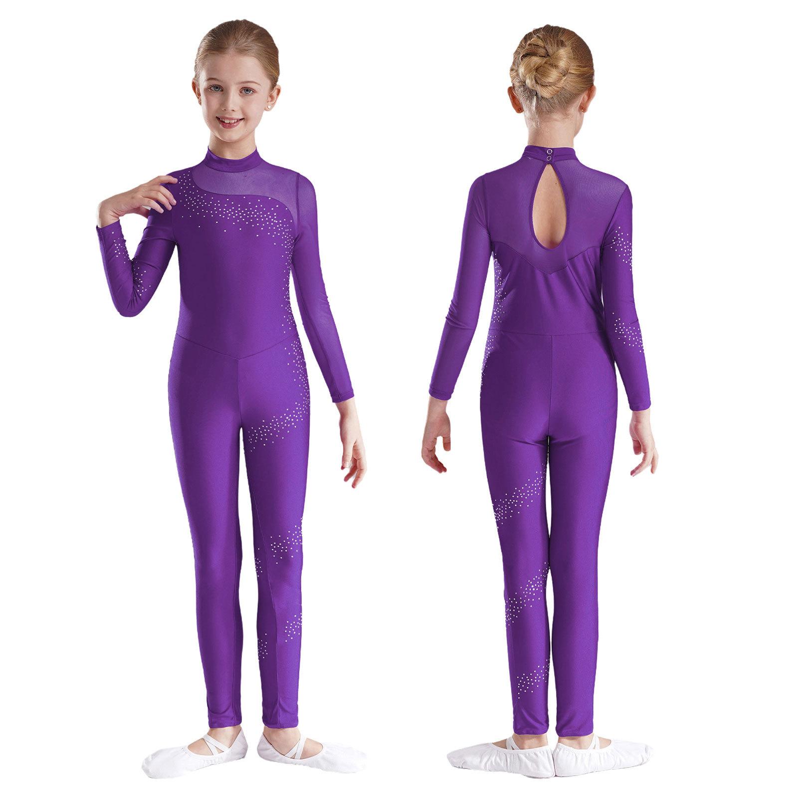 Yeahdor Kinderen Meisjes Kunstschaatsen Dans Gymnastiek Jumpsuit Glinsterende Strass Steentjes Transparant Mesh Patchwork Lange Mouw Keyhole Rug Bodysuit 11-12 Years