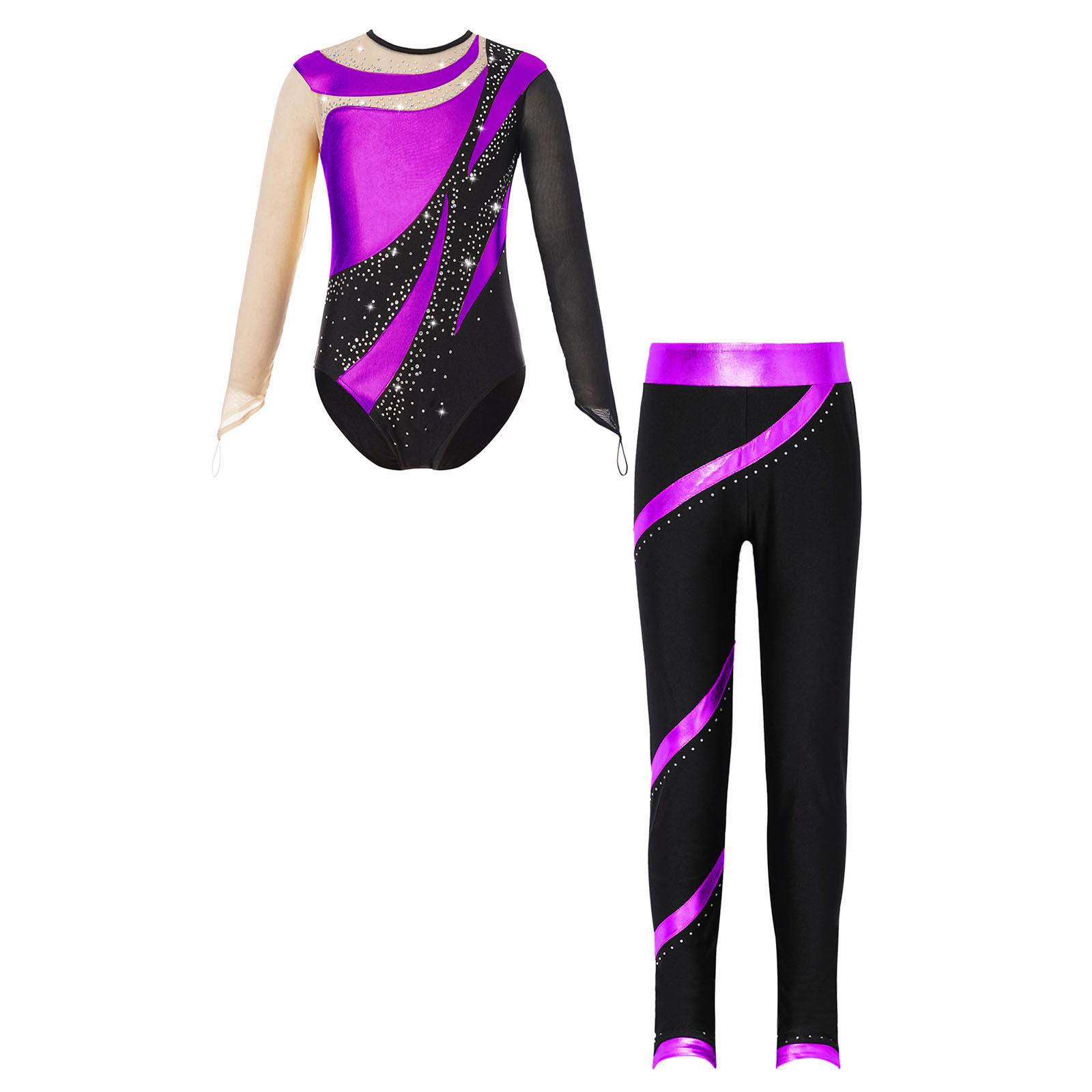 Yunduantong-home Meisjes Danskleding Lange Mouw Gymnastiek Leotards met Leggings Sets Ballet Dans Kunstschaatsen Outfits 13-14 Years