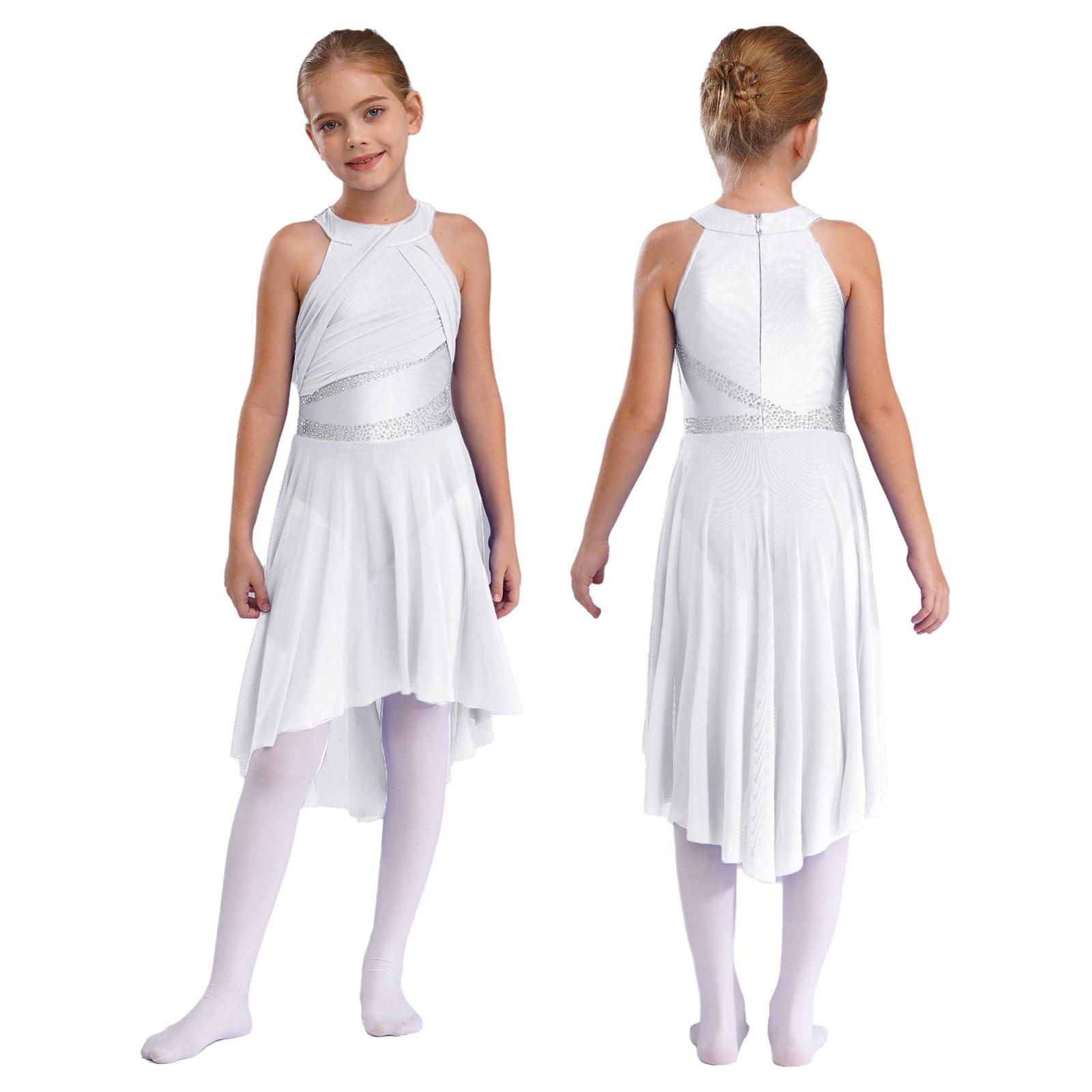 YONGHS Meisjes mouwloos glanzend lyrisch ballet turnpakje met strass steentjes, eigentijds modern Latijns danskostuum 11-12 Years wit