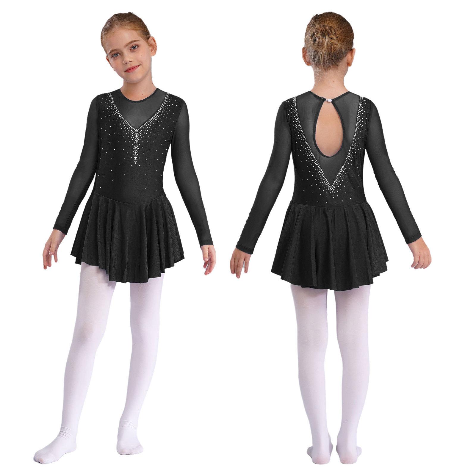 Sywiyi Stijlvolle jurk voor kinderen, meisjes, lange mouwen, sprankelende strass, patchwork-stijl, gymnastiek turnpakje, danskleding 7-8 Years
